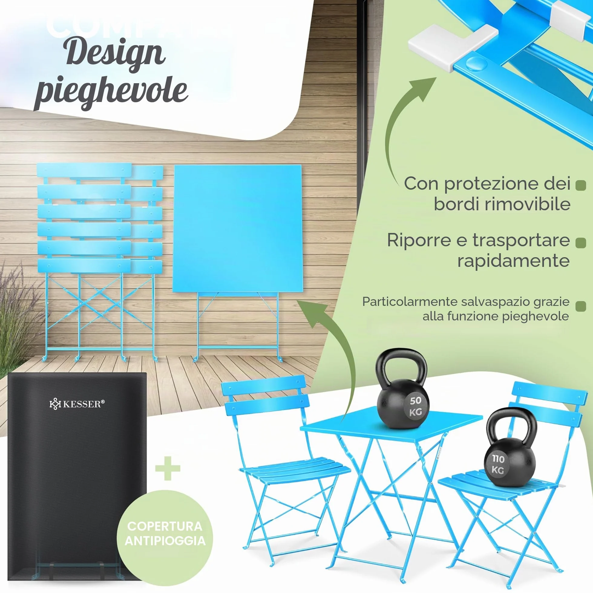 KESSER® Set di mobili da bistrot 3 pezzi con tavolo da bistrot e 2 sedie pieghevoli | Set di mobili da giardino per esterni, gruppo di sedute | Tavolo da giardino resistente ai raggi UV e agli agenti