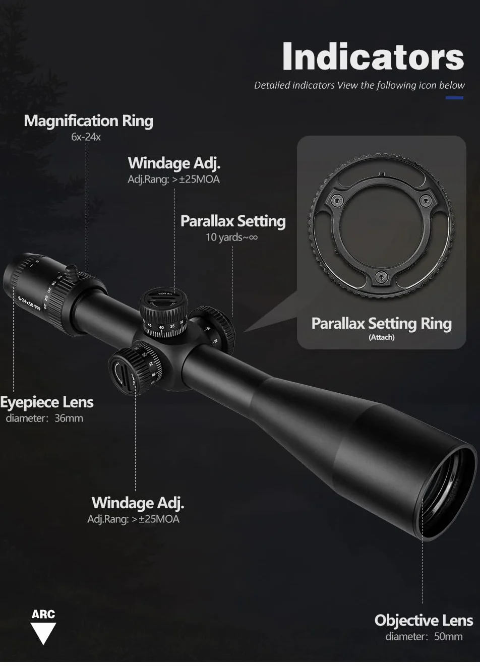 SPINA OPTICS 6-24X50 Primo Piano di Focalizzazione Telescopico Rifle Scope MIL Dot Reticolo Caccia