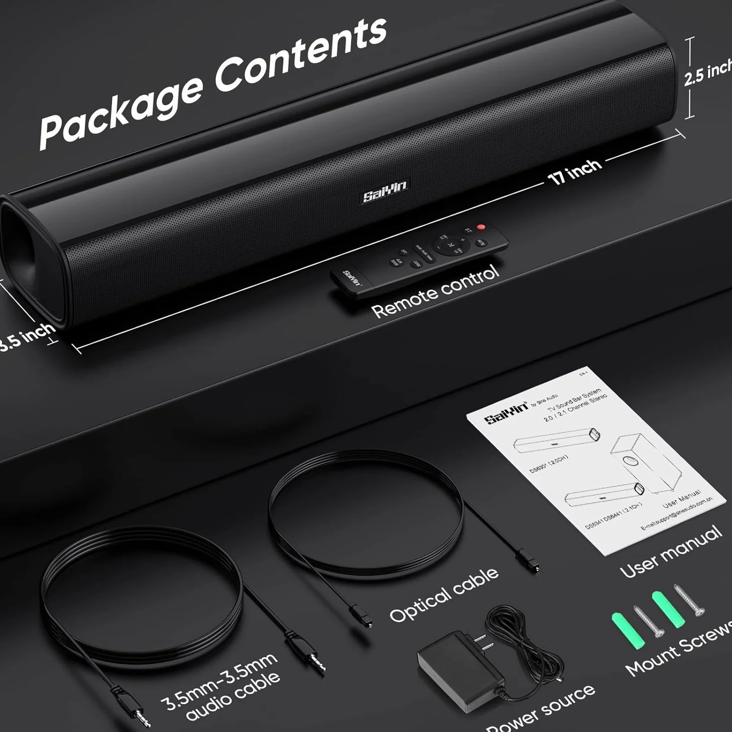 Saiyin Soundbar 40 Watt Bluetooth 5.3 Surround Compatto 17 Pollici per TV PC Giochi Proiettori