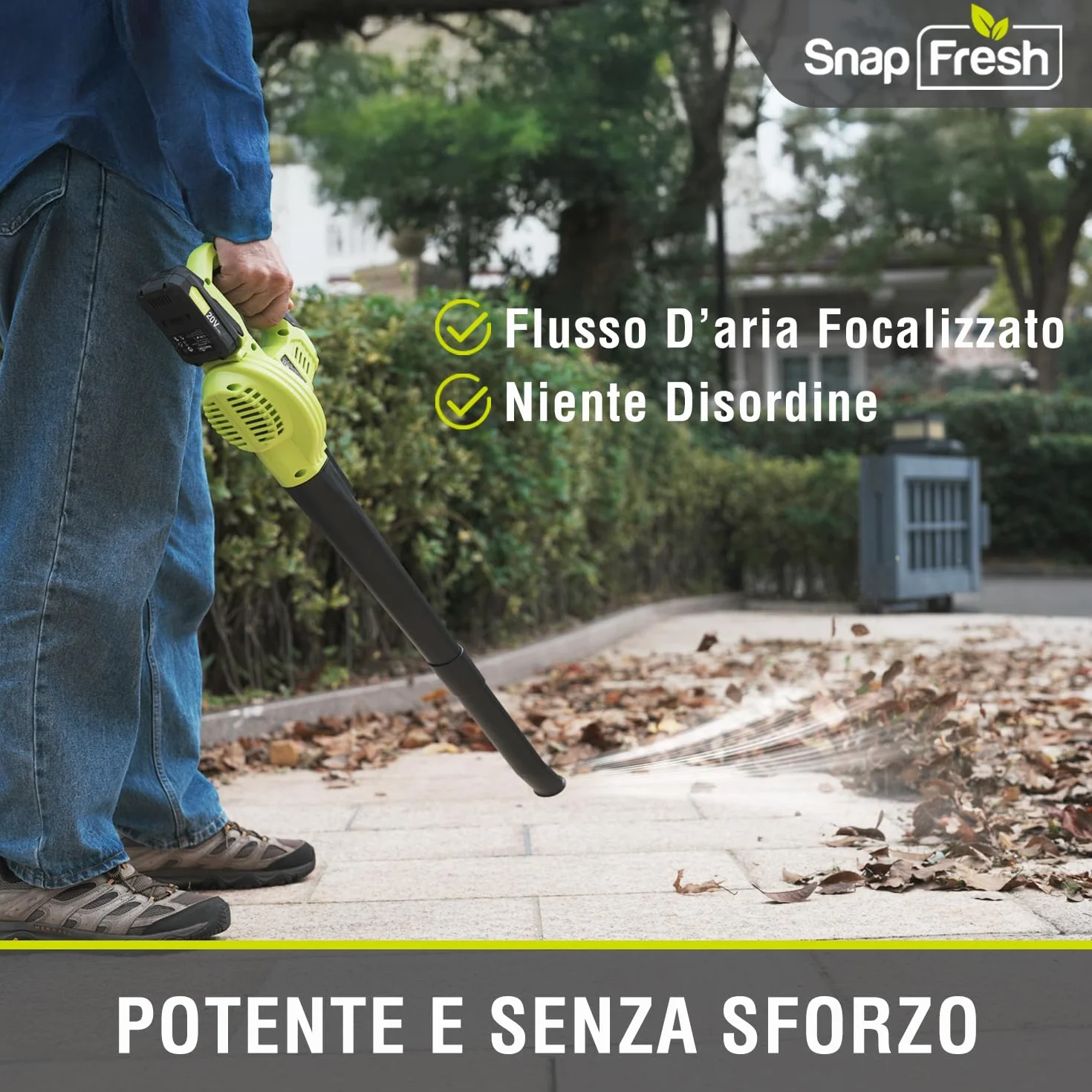 SnapFresh Soffiatore a Batteria 20V Soffiatore Elettrico per Foglie Leggero 1,2 kg, 210 km/h 240 m³/h, 2 Velocità Regolabili, con Batteria e Caricabatterie, per Giardino/Prato/Auto/Polvere (Verde)