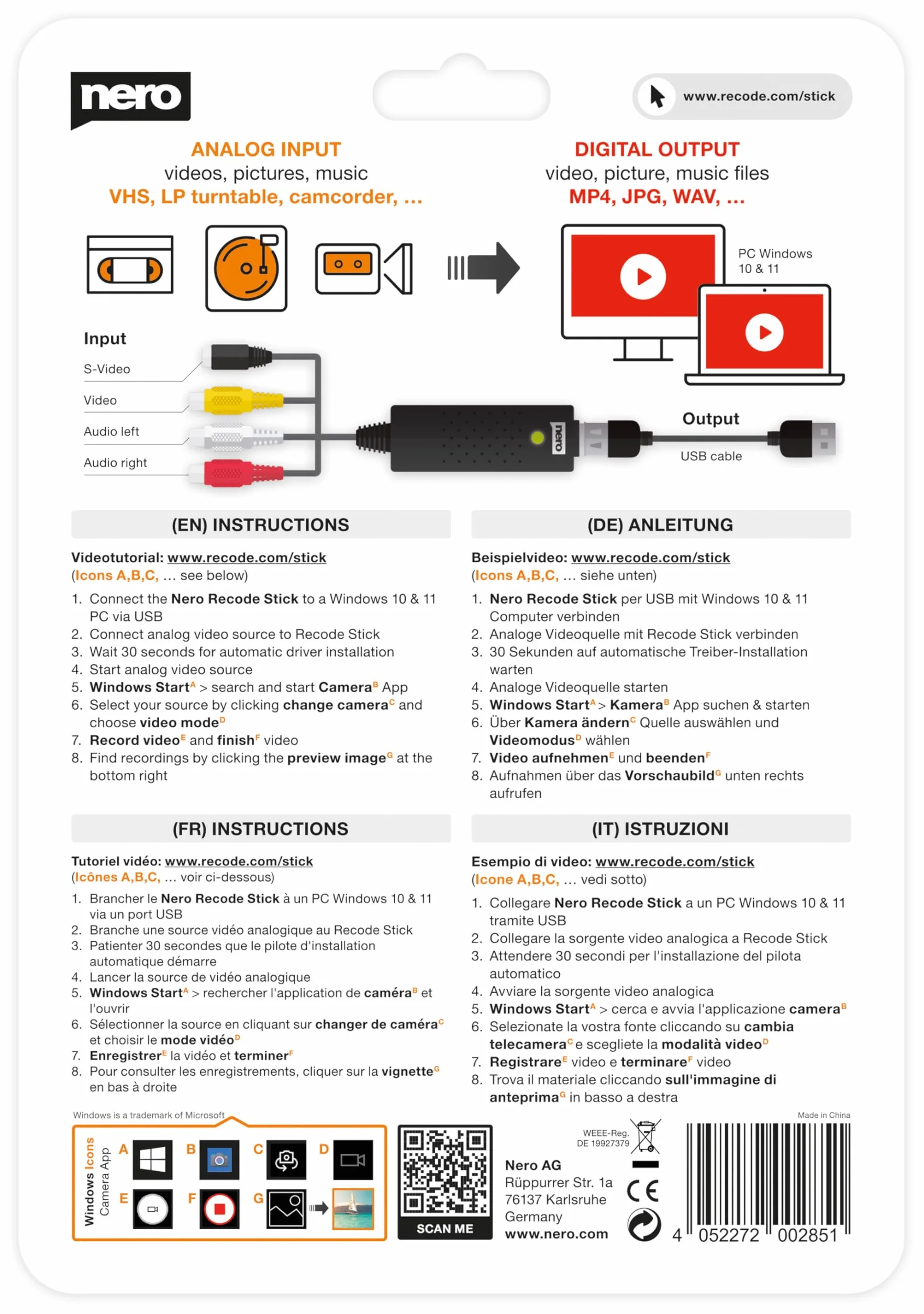 Nero Recode Stick VHS a USB Convertitore Digitalizzare VHS Acquisizione Video Analogico Digitale S-VHS Hi8 Super 8 DVD su PC Windows 10/11 macOS