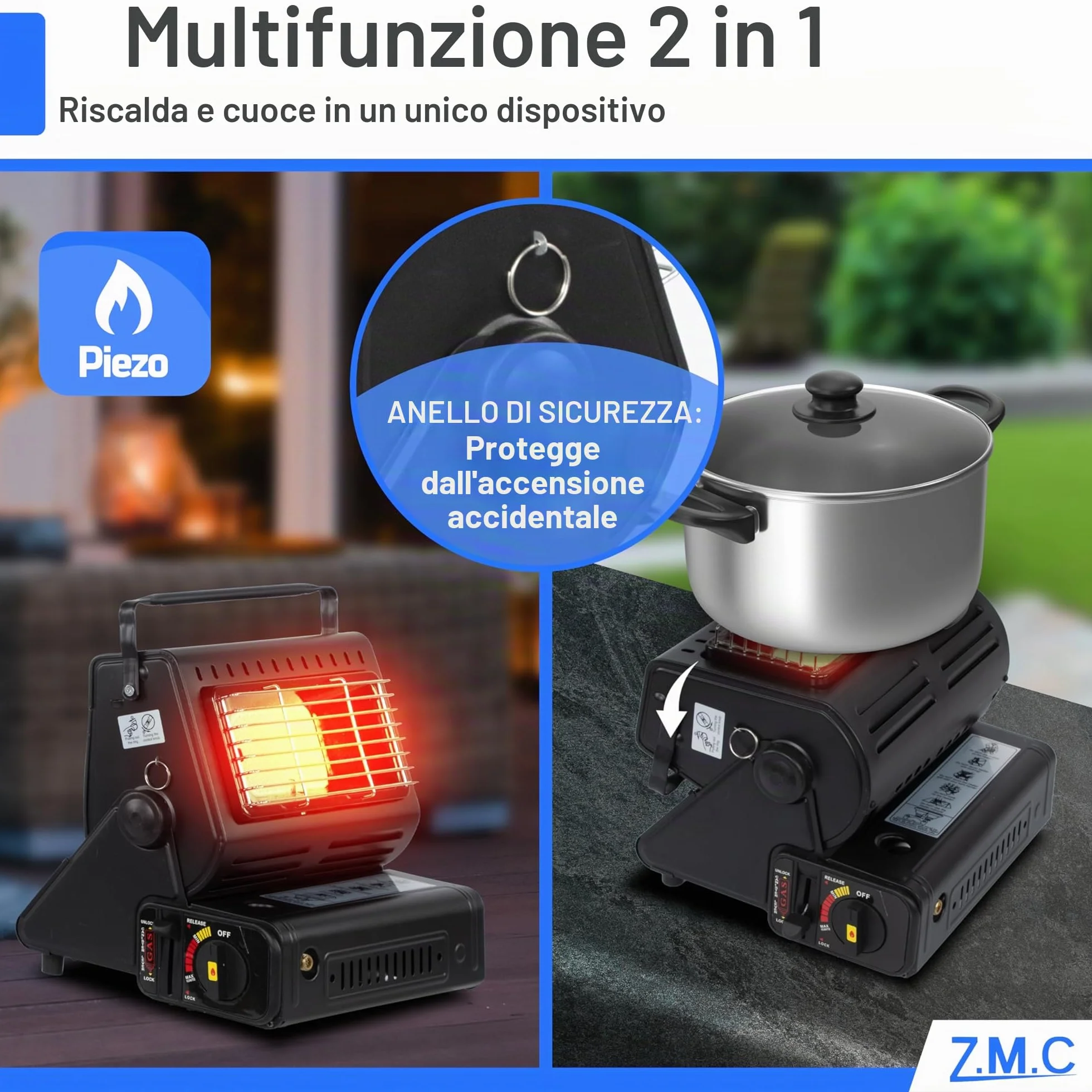 Z. M.C 2-in-1 Riscaldamento a Gas e Fornello a Gas con LPG Collegamento + 4 Cartucce di Gas 227g, Campeggio Riscaldamento 1,3 kW, Stufa per Esterno con Bruciatore Piezo