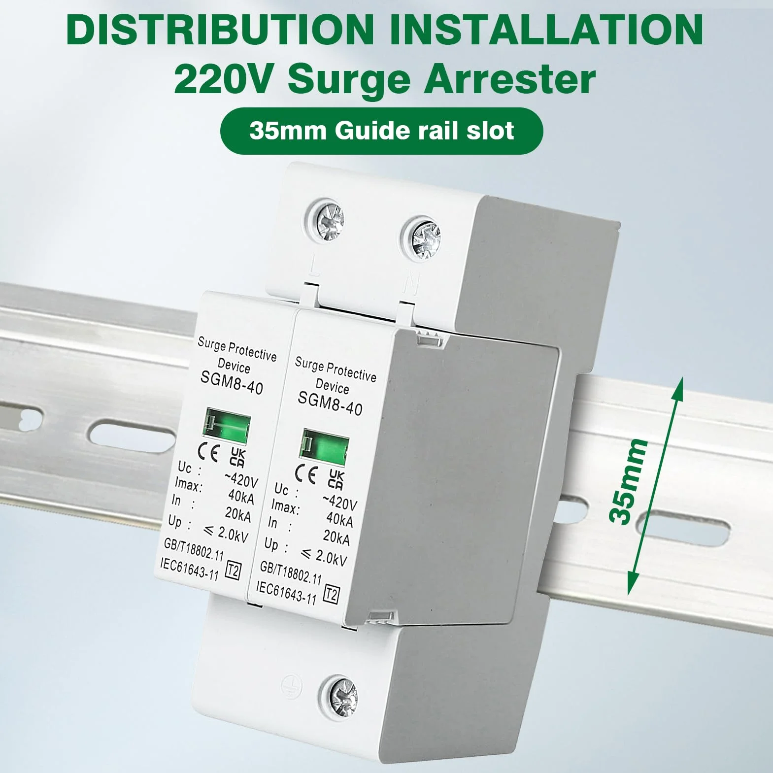 Scaricatore di Sovratensione 2P 40kA 220V Protezione contro i Fulmini Guida DIN