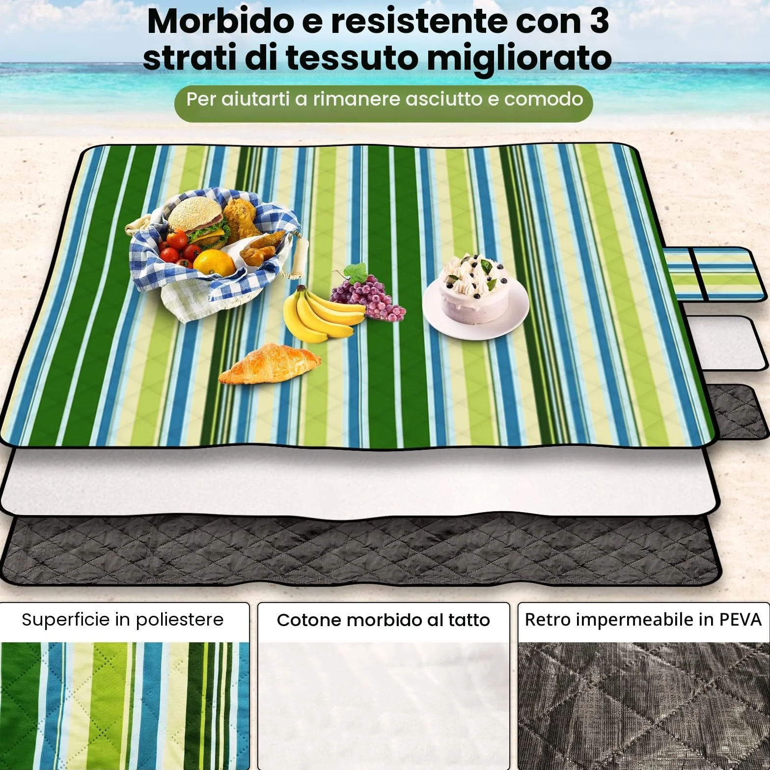 Telo Picnic Impermeabile 200x200cm Antisabbia Stuoia Spiaggia Imbottito Campeggio