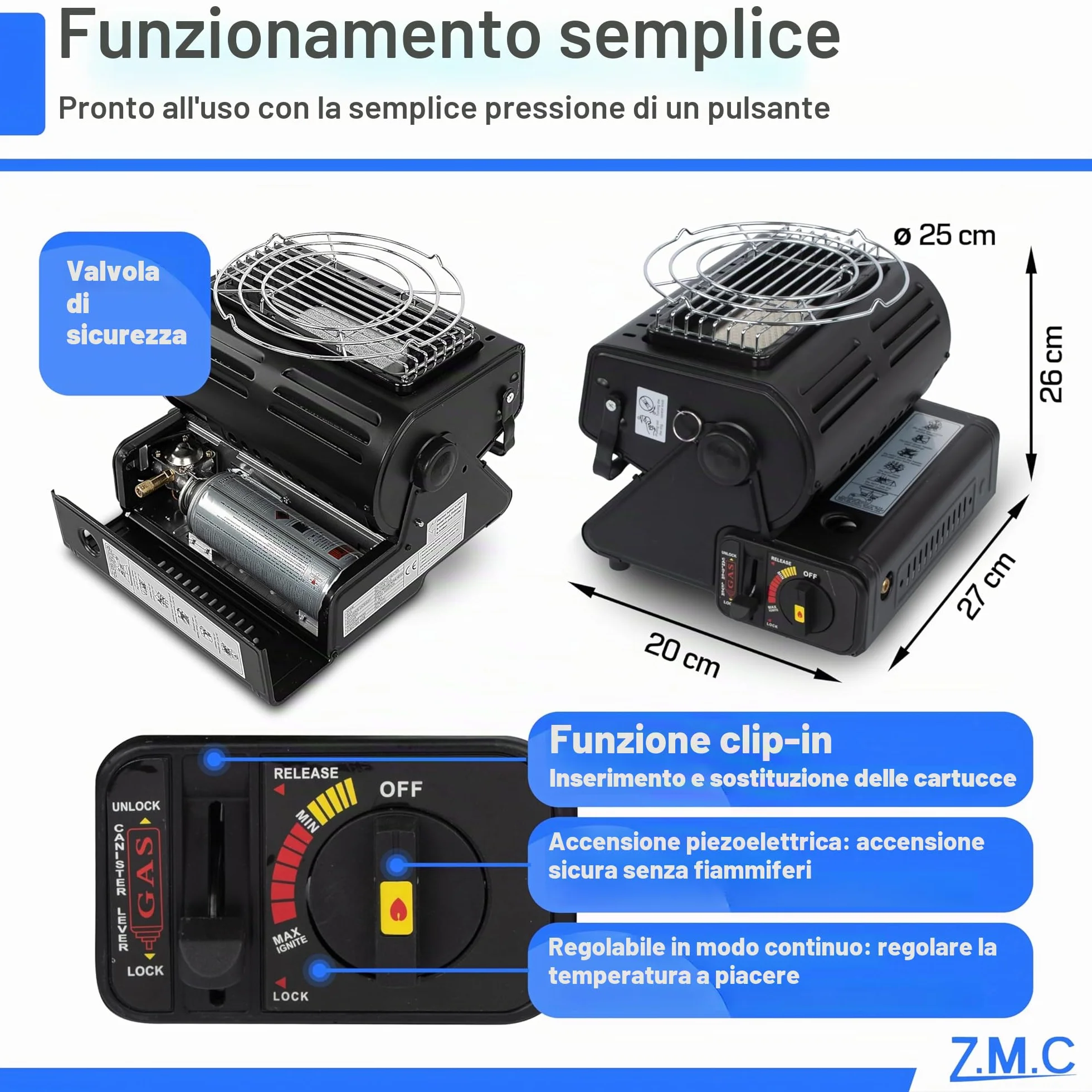 Z. M.C 2-in-1 Riscaldamento a Gas e Fornello a Gas con LPG Collegamento + 4 Cartucce di Gas 227g, Campeggio Riscaldamento 1,3 kW, Stufa per Esterno con Bruciatore Piezo
