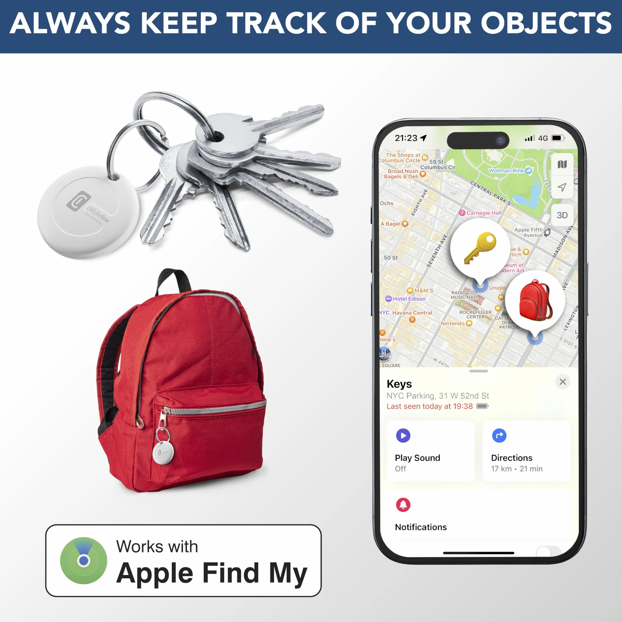 Cellularline TRACY Find Me 2 Pack - Localizzatore oggetti compatibile Apple iOS - Batteria sostituibile 1 anno - Resistente polvere acqua 1m - Bianco
