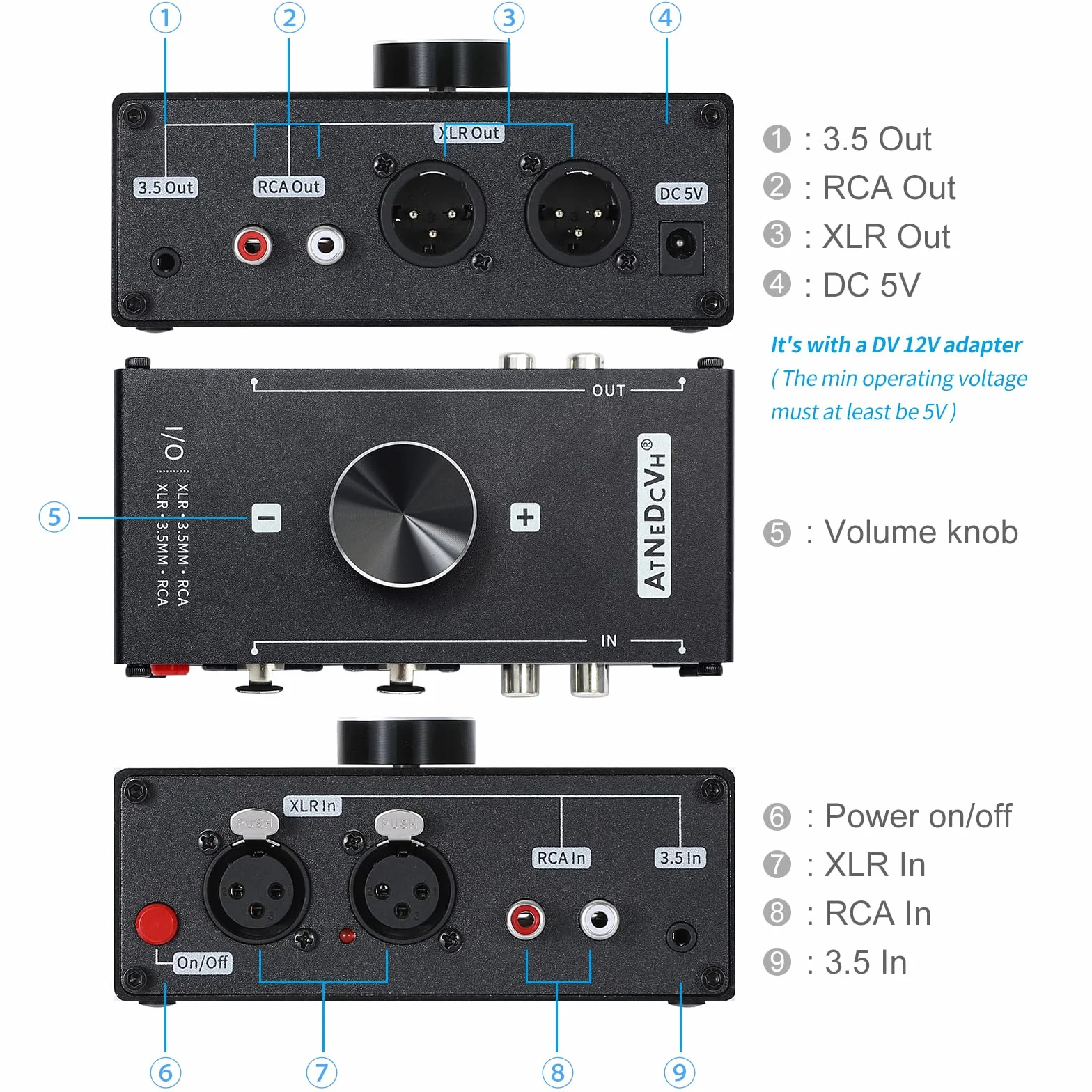 Preamplificatore audio stereo XLR bilanciato 3,5 mm adattatore convertitore amplificatore cuffie