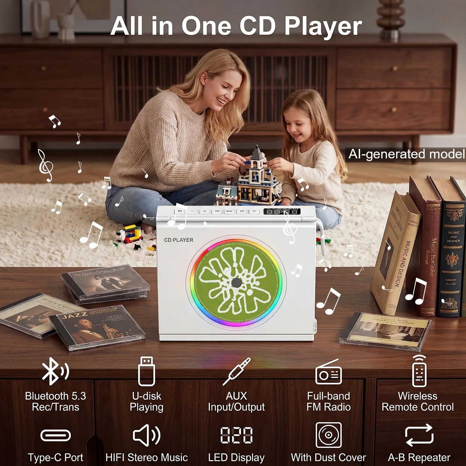 Gueray Lettore CD Portatile Bluetooth 5.3 Altoparlante HiFi Batteria Ricaricabile 4000mAh Design Libreria