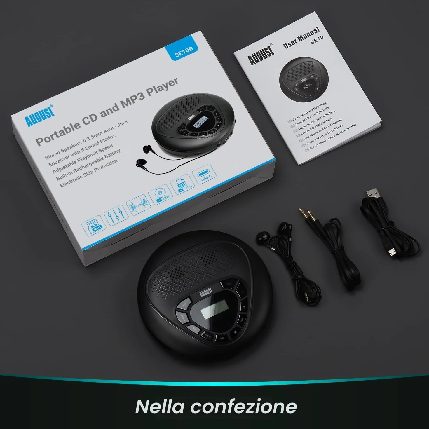 August SE10 Lettore CD Portatile con Altoparlanti, Batteria Ricaricabile, Anti-shock, Aux out, Micro SD, Nero