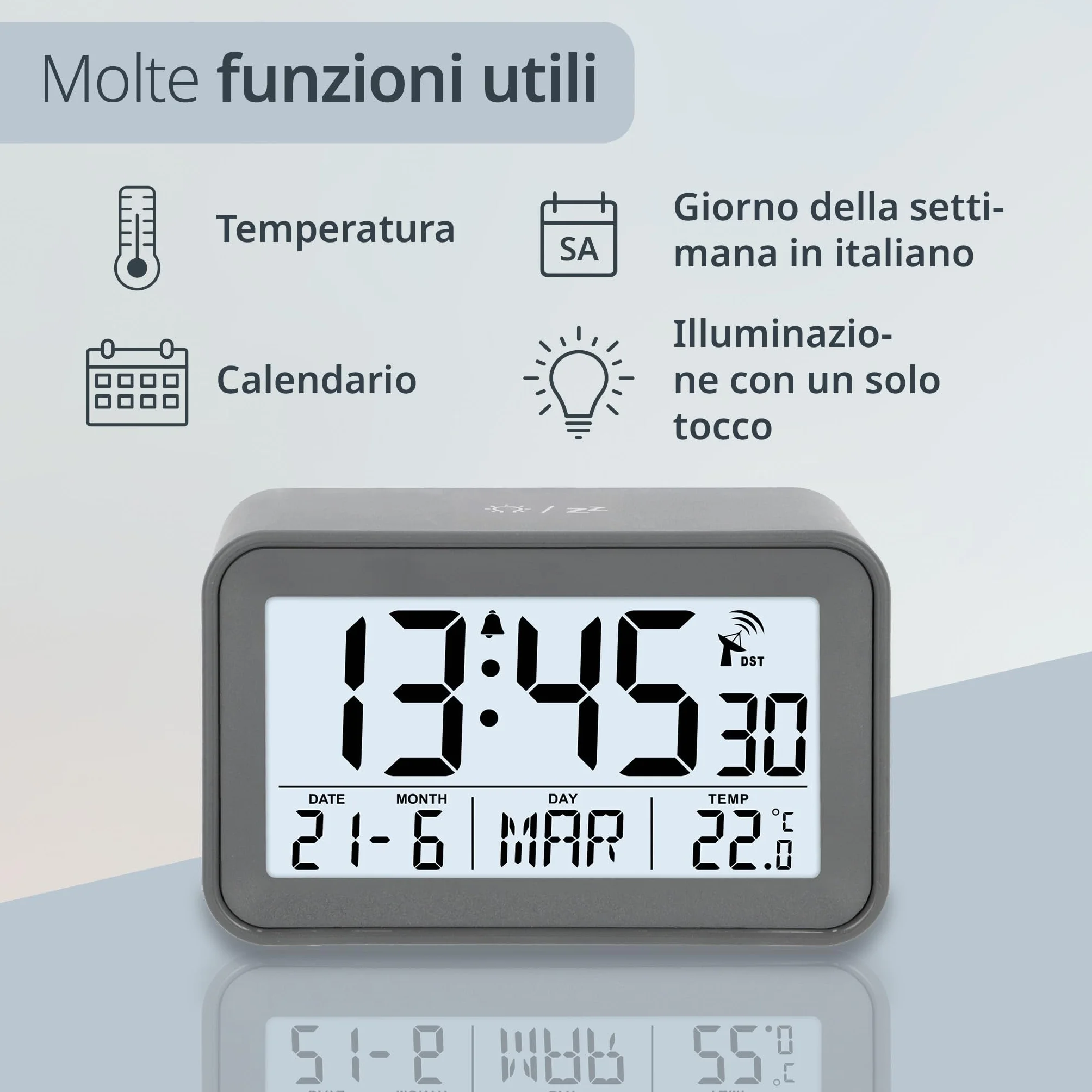 ADE Sveglia radio-controllata digitale con luce, temperatura e calendario, compatta