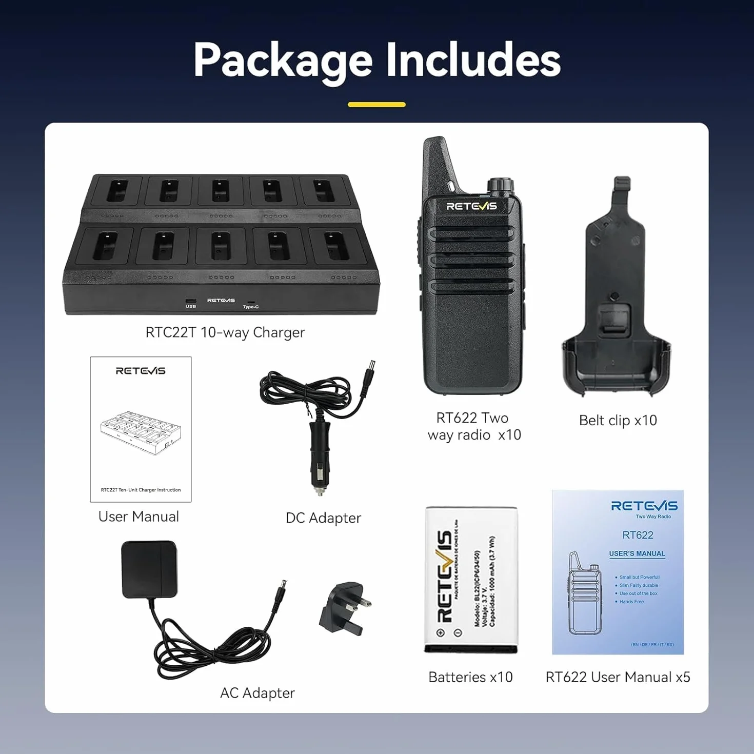 Retevis RT622 Walkie-Talkie 10 Pezzi Professionale Ristorante Ospitalità Nero