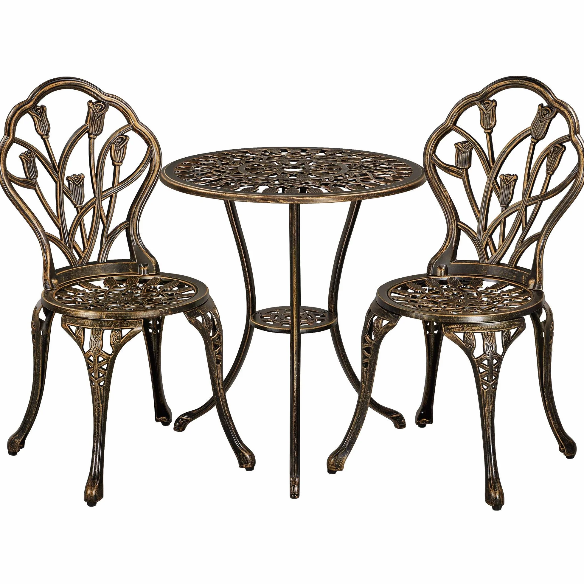 Yaheetech Set di Tavolo e Sedie da Giardino Set Mobili 2 Sedie 3 Pezzi Bistrò Veranda Balcone Motivo a Tulipano Lega di Alluminio Bronzo