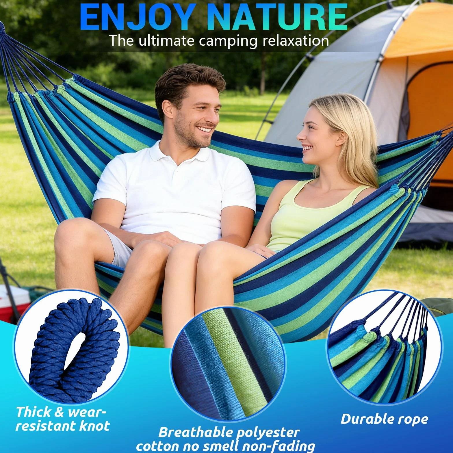 Amaca da Campeggio Doppia 200x150cm 250kg con Cinghie in Nylon e Moschettoni