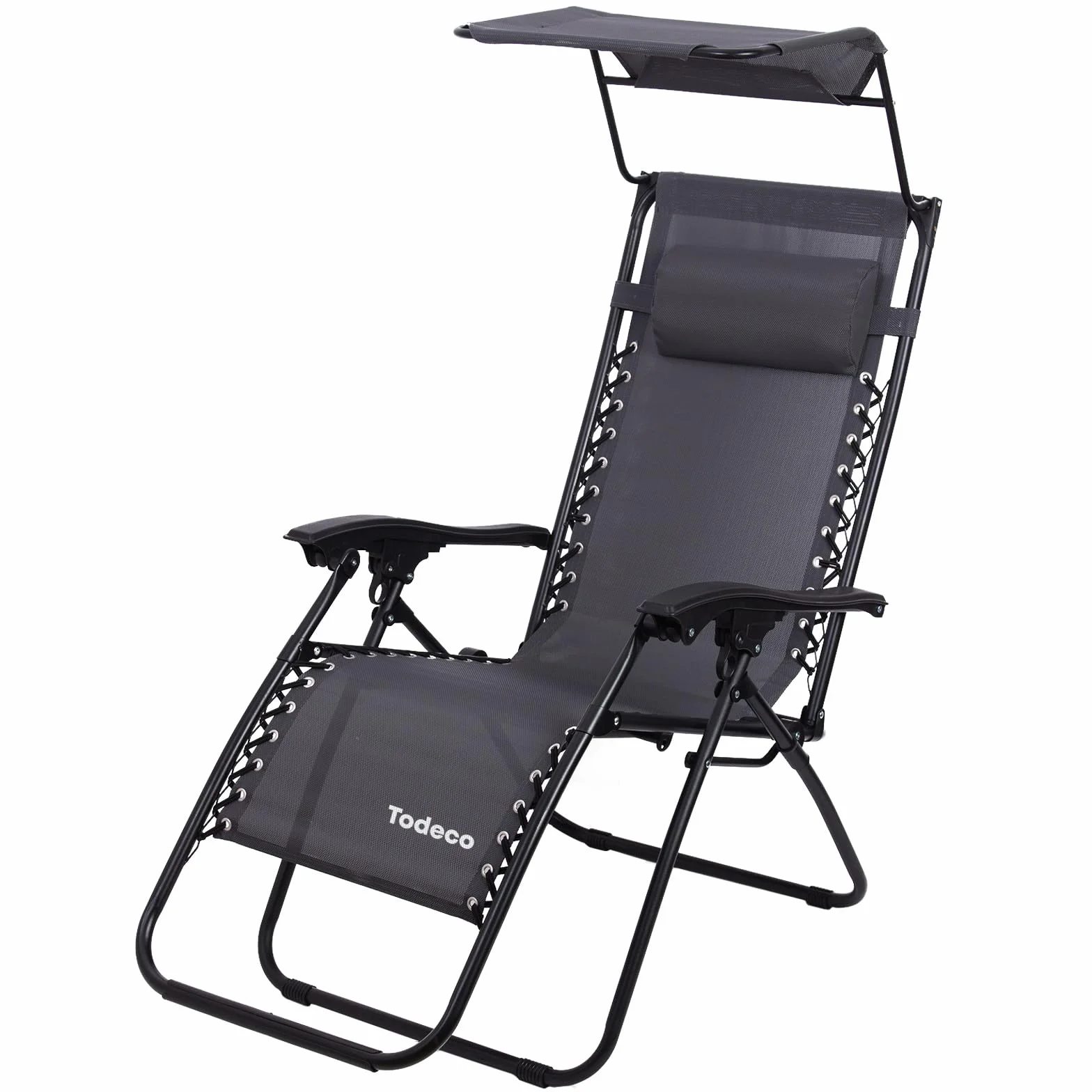 Todeco Sdraio Pieghevole Sdraio da Giardino con Parasole, Lettini da Giardino Pieghevoli con Cuscino Poggiatesta Regolabile, Carico massimo 100 kg, Grigio