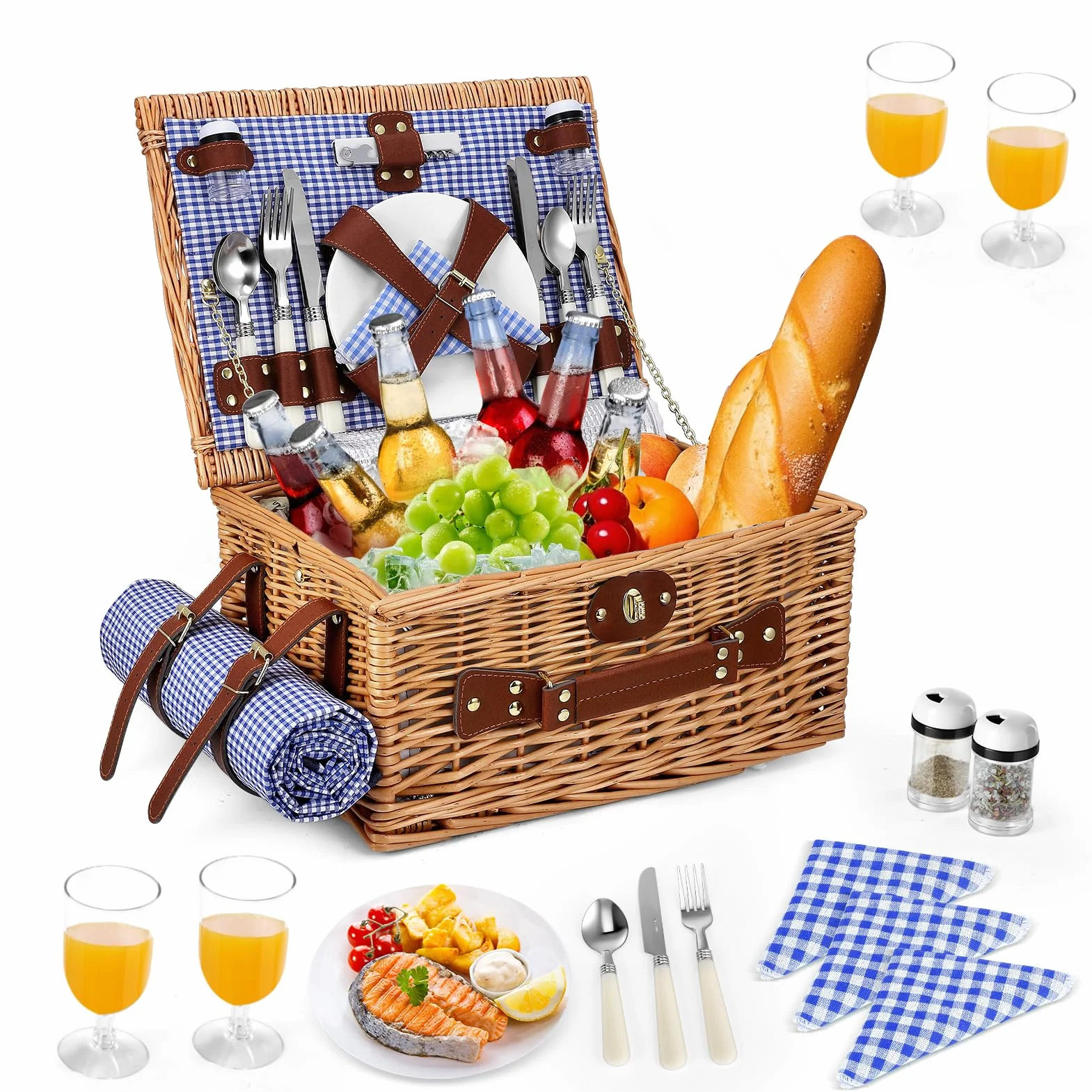 Cestino da Picnic in Vimini per 4 Persone, Cesto Picnic Vintage, con Scomparto Termico, Coperta Impermeabile, Posate, per Campeggio, Festa all'Aperto, Spiaggia, Blu