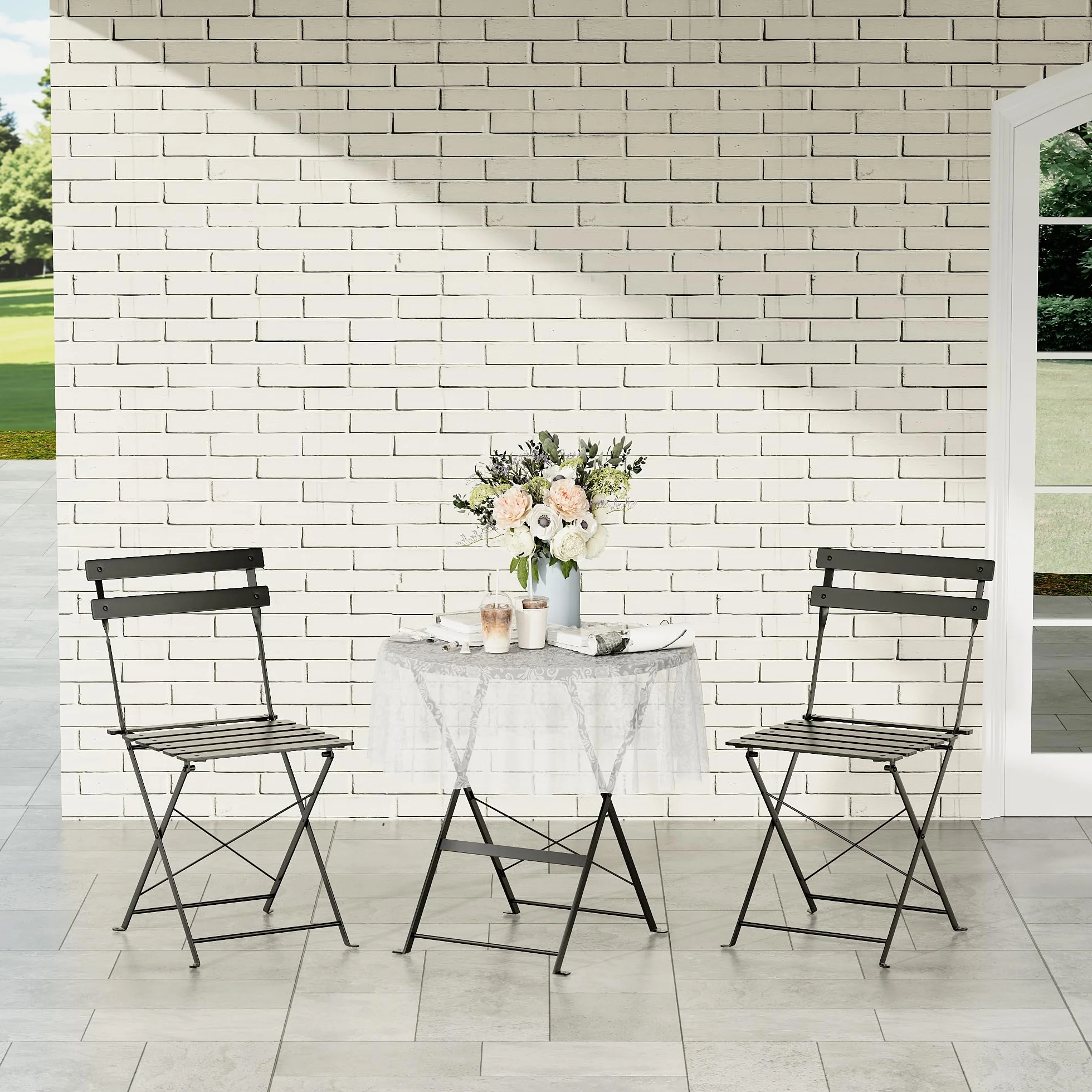 DEWINNER Set tavolo e sedie, pieghevole, set tavolo e sedie da giardino in tre pezzi, 1 tavolo e 2 sedie, con tovaglia impermeabile, set di mobili da balcone