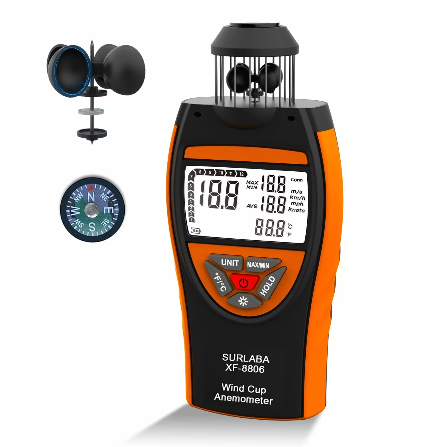 Anemometro a coppa del vento, 0,7-42 m/s, misuratore di velocità digitale XF-8806 con bussola, modalità di misurazione del vento e test della temperatura, misuratore del vento per HVAC, drone,