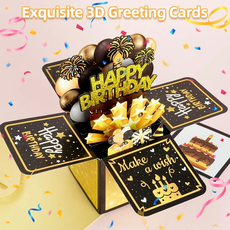 Vicloon Biglietti di Compleanno 3D con Musica e Luci, Pop Up Happy Birthday Card, Spegnere Candele LED