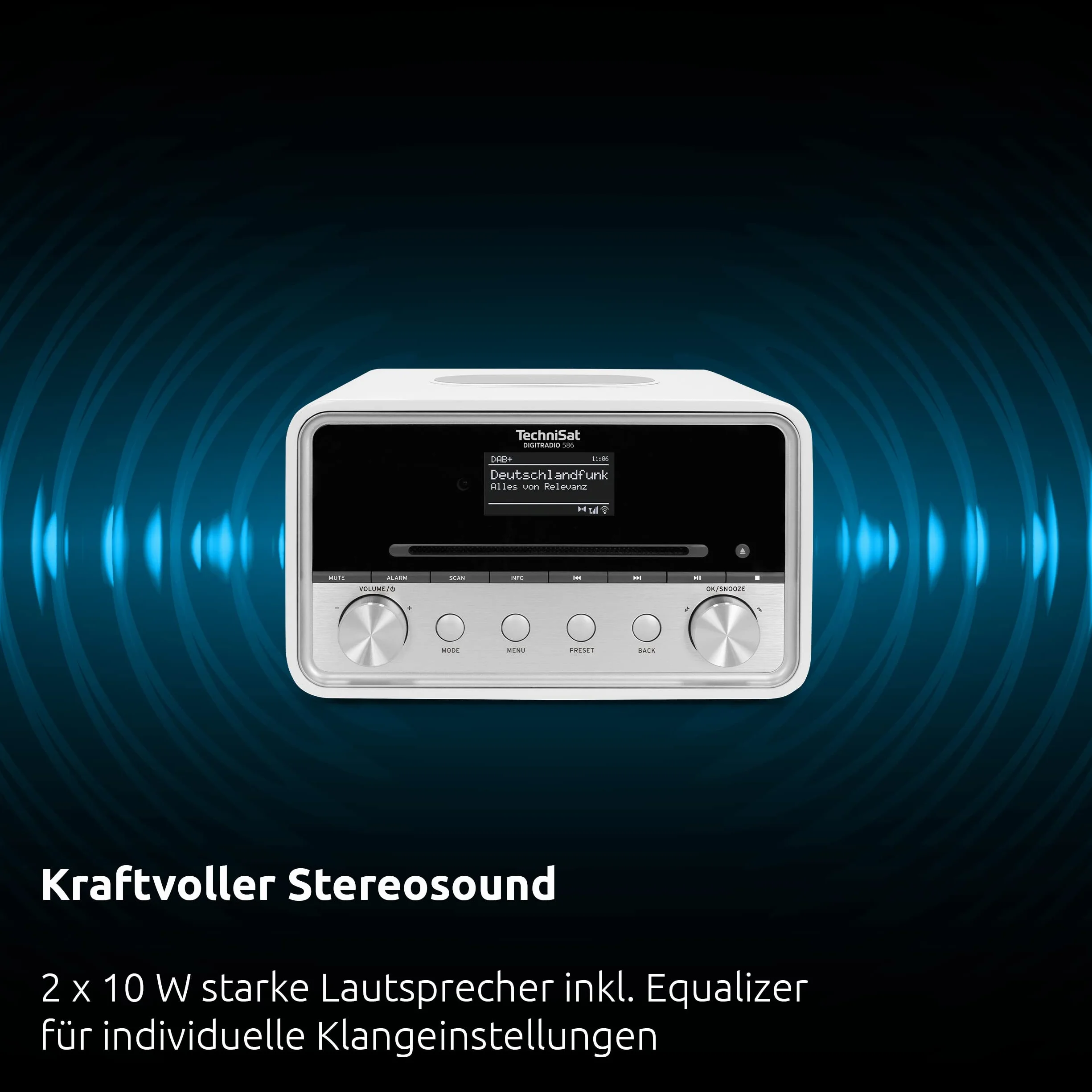 TechniSat DIGITRADIO 586 Radio ibrido DAB+ Internet FM Bluetooth Spotify ricarica wireless controllo app OLED USB CD MP3 AUX 20 W bianco