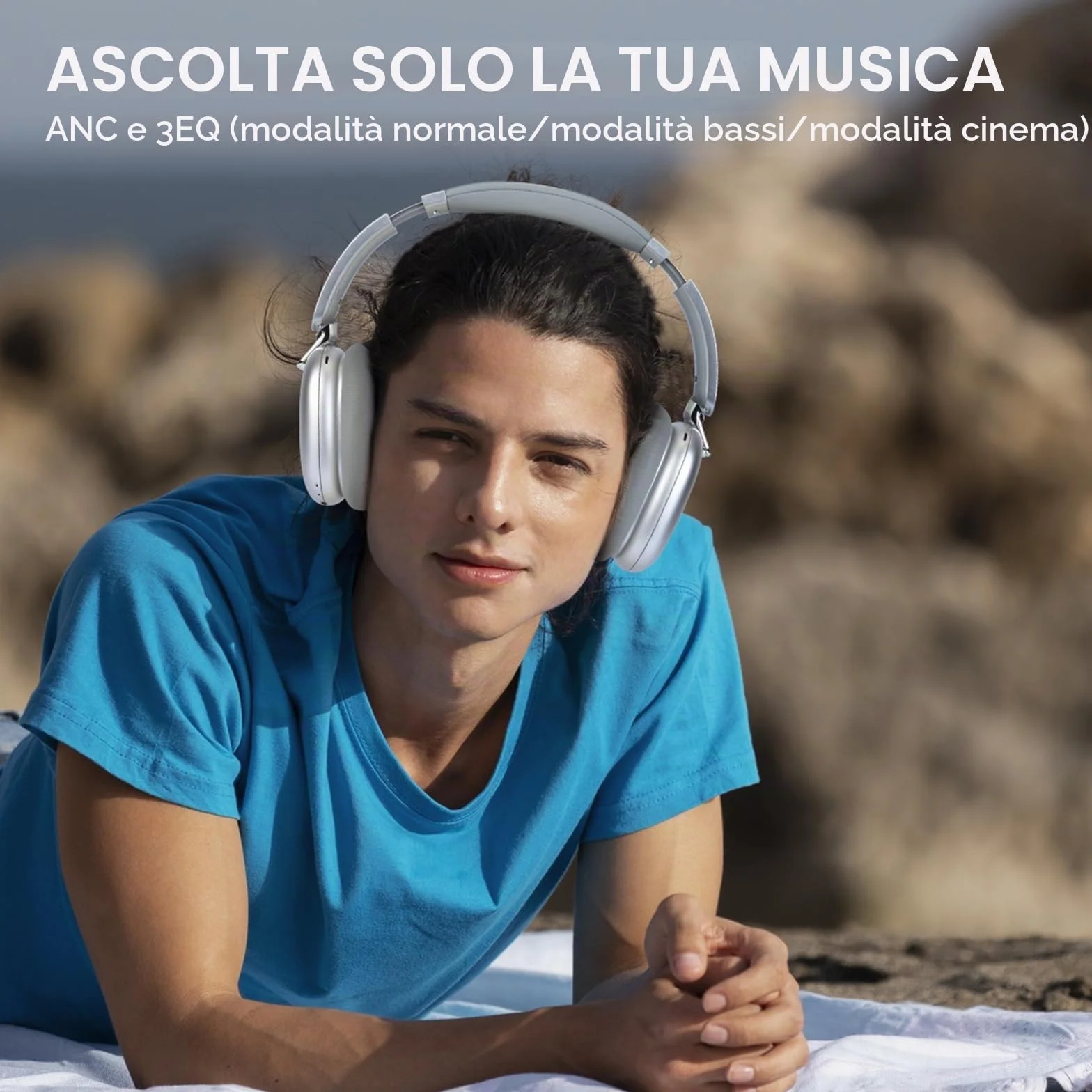 Cuffie Wireless Bluetooth con Cancellazione Attiva del Rumore, Over Ear Piegevoli, Bassi Comfort, Microfono Argento C6