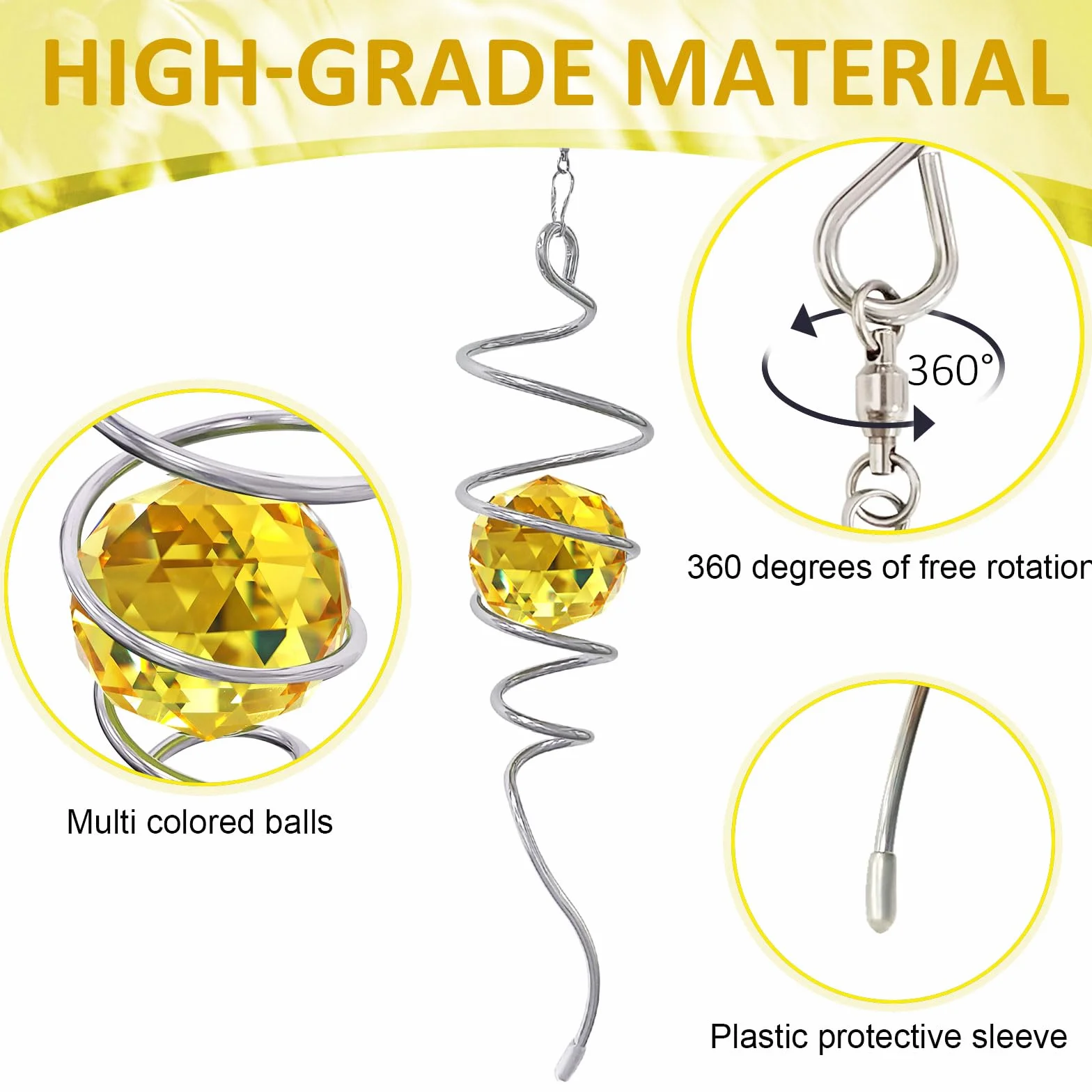 Sfera a spirale con coda a spirale, stabilizzatore per girandola, acchiappasole in metallo con sfera in cristallo dorato e gancio girevole, decorazione per interni ed esterni, ornamenti artistici da