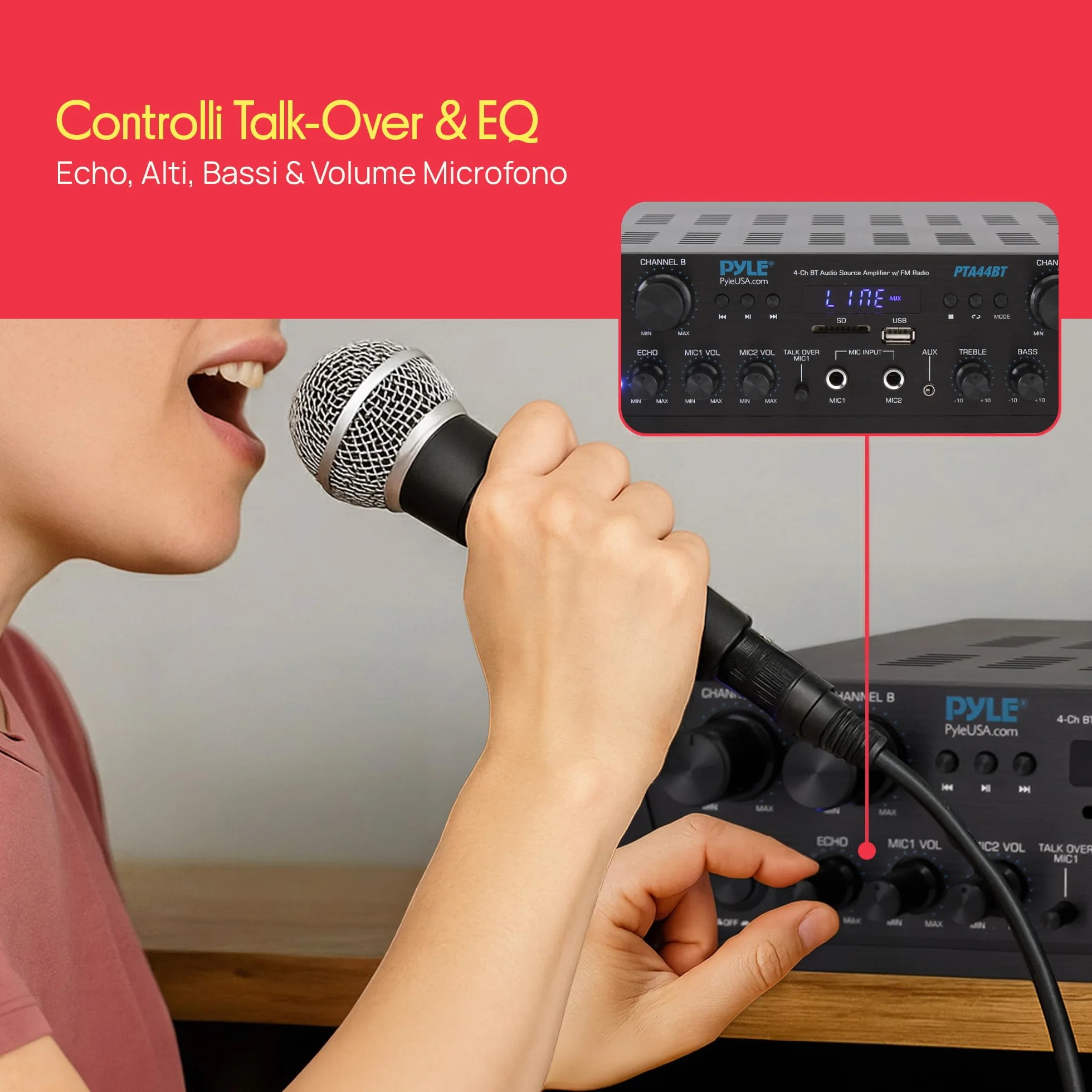 Pyle Amplificatore Karaoke Bluetooth Wireless 500 Watt, Audio Stereo 4 Canali con AUX, Radio FM, USB, Microfono In