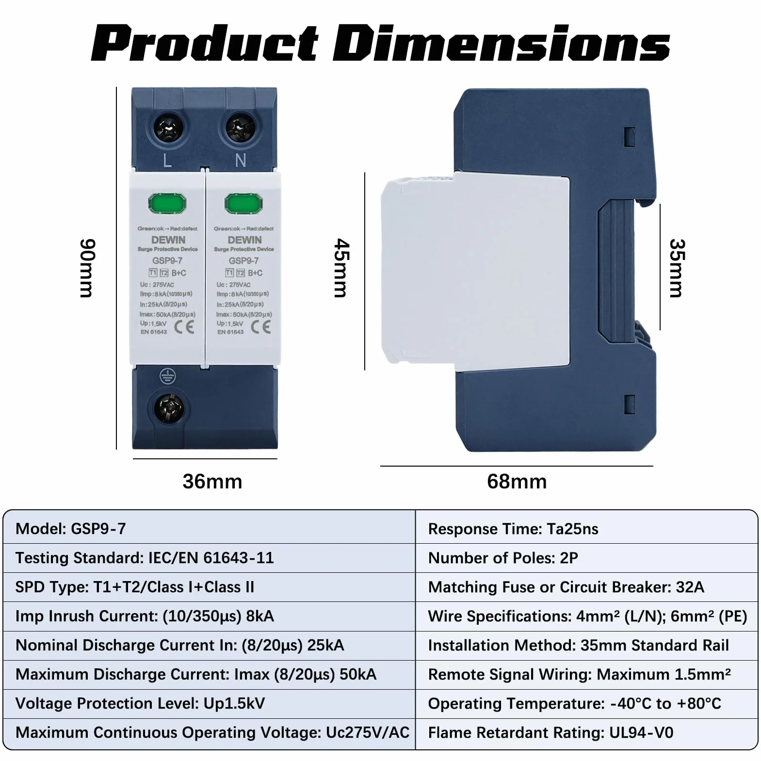 DEWIN Scaricatore di Sovratensione 2P AC 275V 25KA~50KA Dispositivo Protezione Fulmini Bassa Tensione