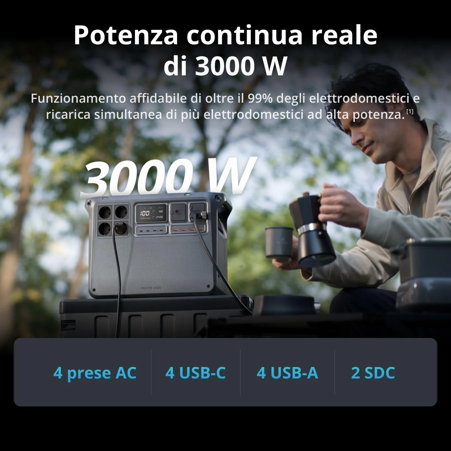 DJI Power 2000 generatore di corrente portatile, centrale elettrica portatile, batteria LFP da 2048 Wh, uscita stabile da 3000 W, ricarica 0-80% in 45 min, power station per casa, campeggio e camper