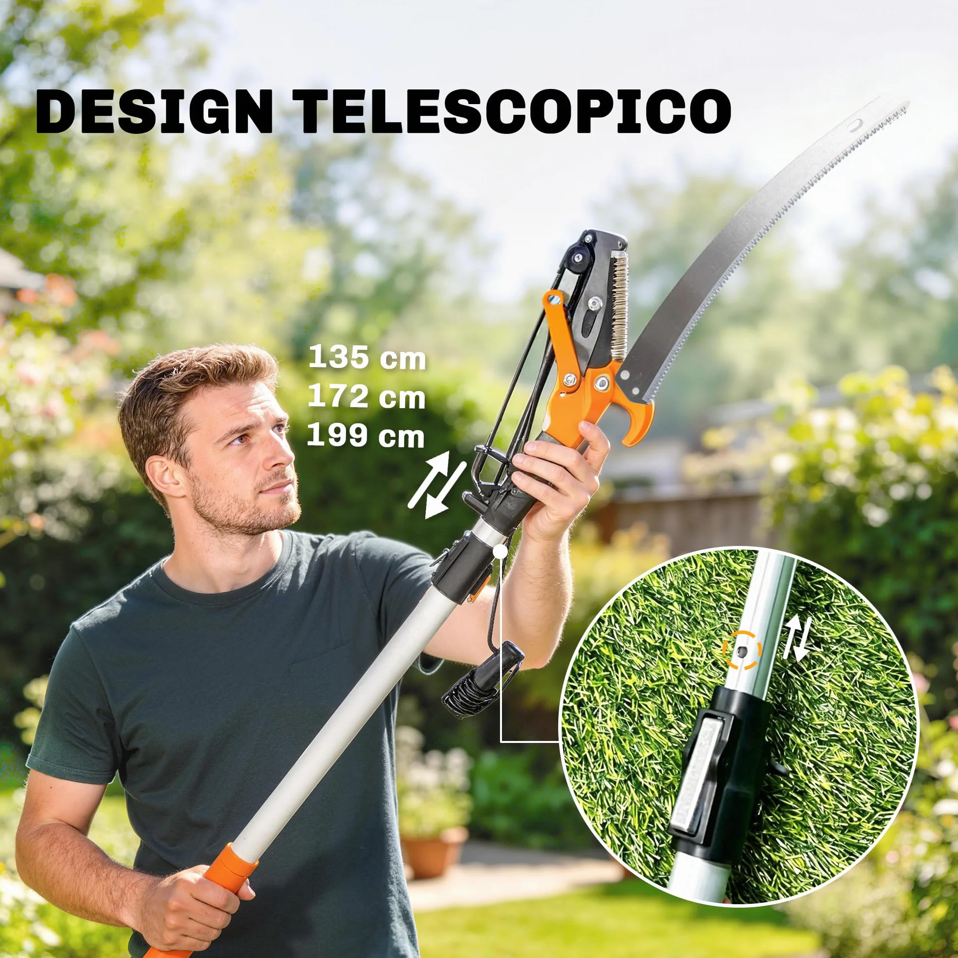 Outsunny Seghetto Manuale da Giardino 2-in-1 con Asta Telescopica in Alluminio 135-199cm