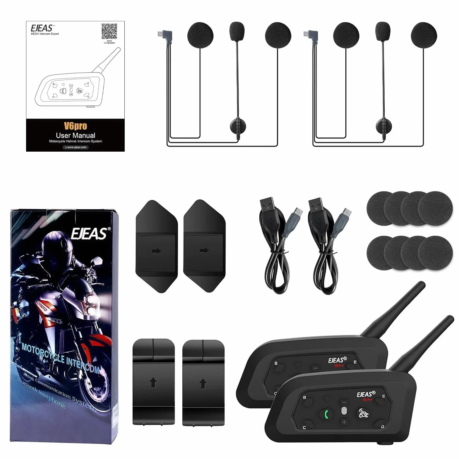 EJEAS V6 Pro Interfono Moto Bluetooth 1200M 2 Persone Wireless Full Duplex Connetti Fino a 6 Motociclisti (2 Confezione)