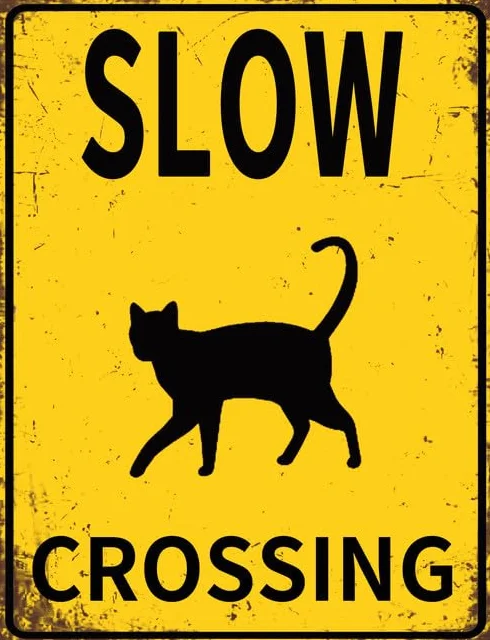 Slow Down – Cat Crossing Sign, divertente targa in metallo per fattoria, strada, giardino, prato, cortile, in alluminio robusto, antiruggine, decorazione per interni ed esterni, 14 x 20 cm