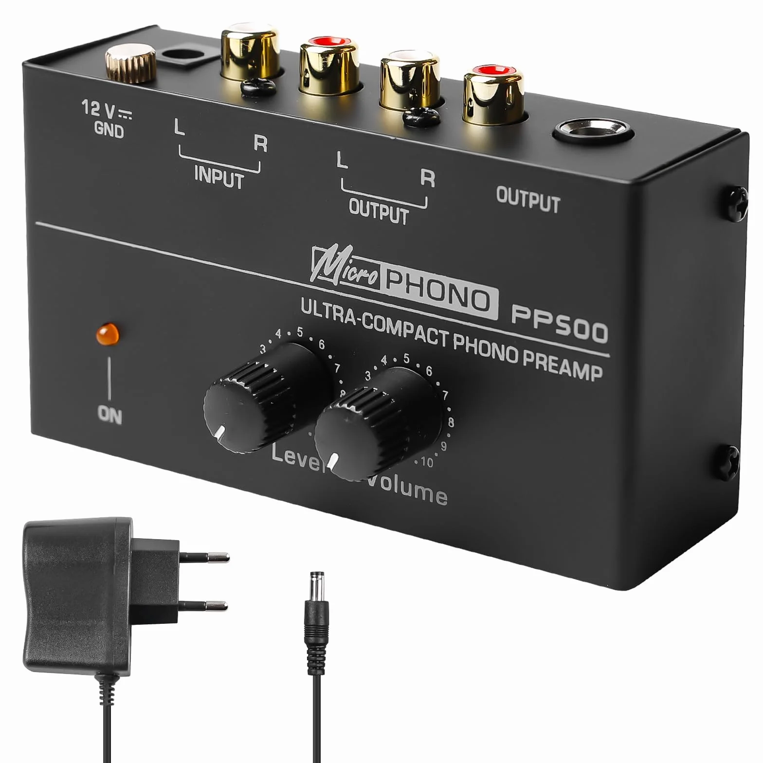 Phono preamplificatore giradischi, preamp RCA stereo con adattatore DC 12V, nero