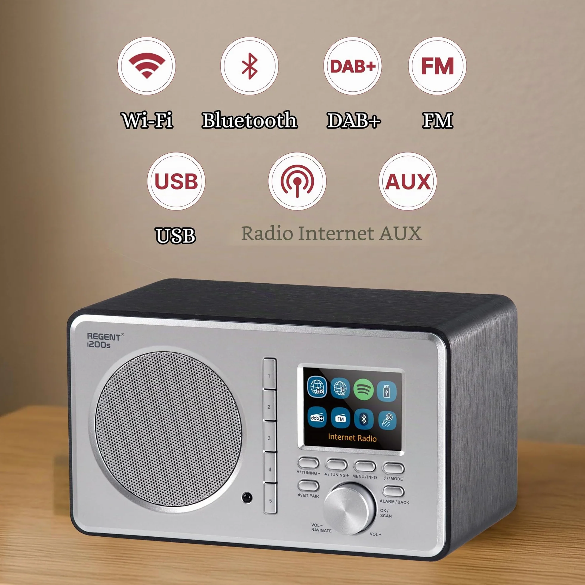 Ferguson Regent i200s Radio Internet WLAN Bluetooth FM DAB DAB+ UHF Spotify Connect Radiosveglia Equalizzatore Display a colori USB AUX-IN Sleep Timer Controllo App Telecomando
