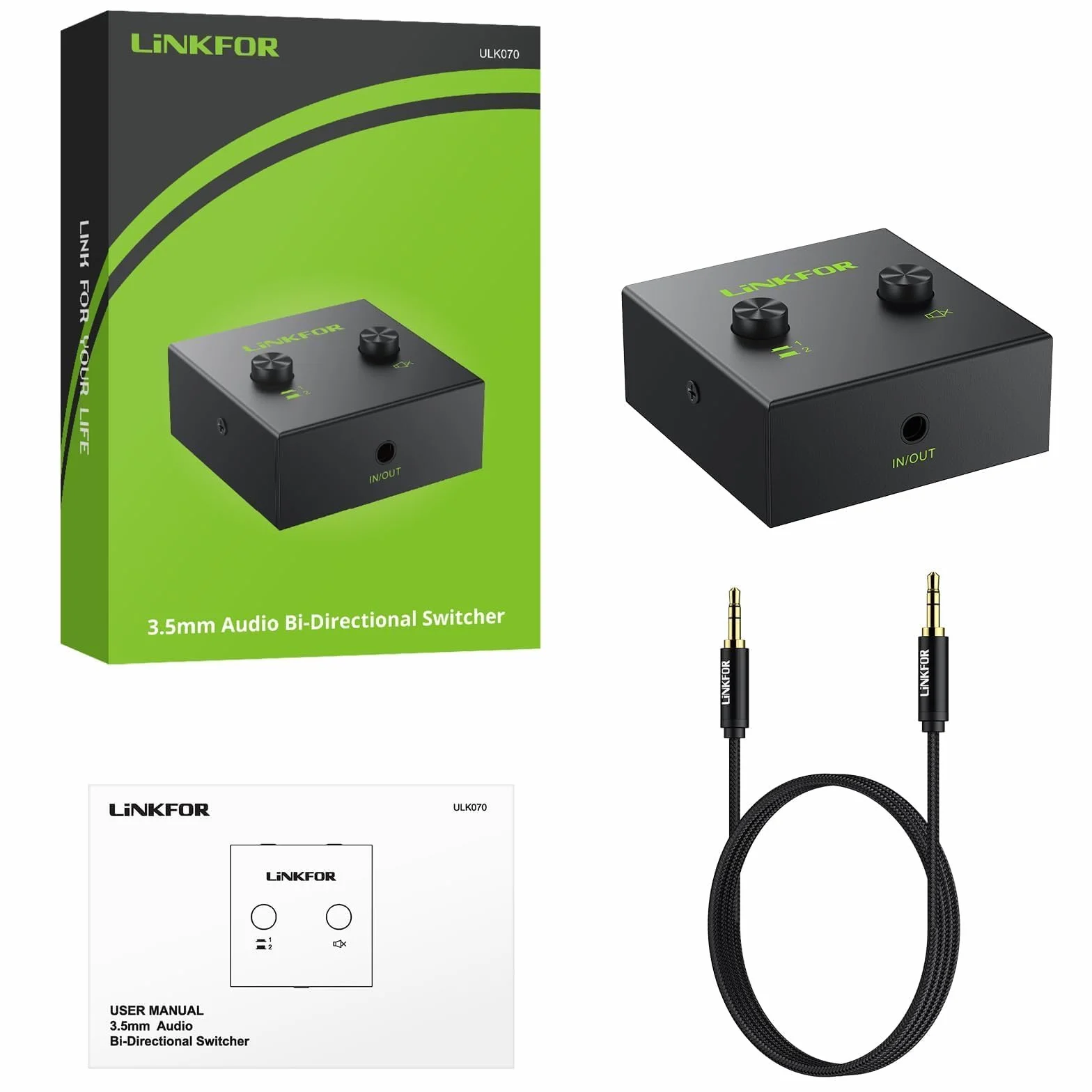 LiNKFOR 3.5mm Audio Switch Switcher con Pulsante Mute Commutatore Audio Bidirezionale Stereo 2-in-1 Out per Computer