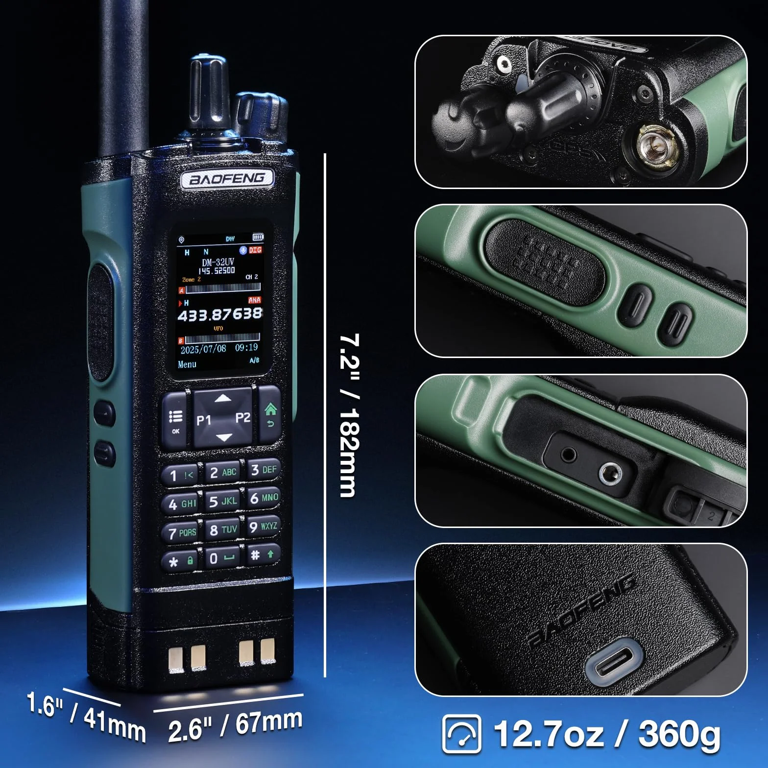 Radio BAOFENG DM-32UV DMR 10W portatile UHF/VHF/AM/FM con GPS e APRS digitale, doppio slot Tier II, display 2", 4000 canali, zielona