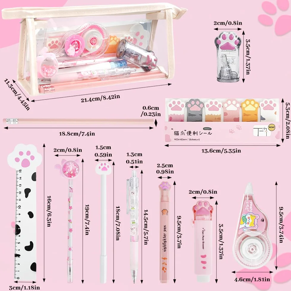 Patte de Chat Kit Papeterie 13 PCS Mini Rouleau à Crayons Gomme Rétractable Ruban Correcteur Stylos Pointeurs Notes Adhésives Surligneurs