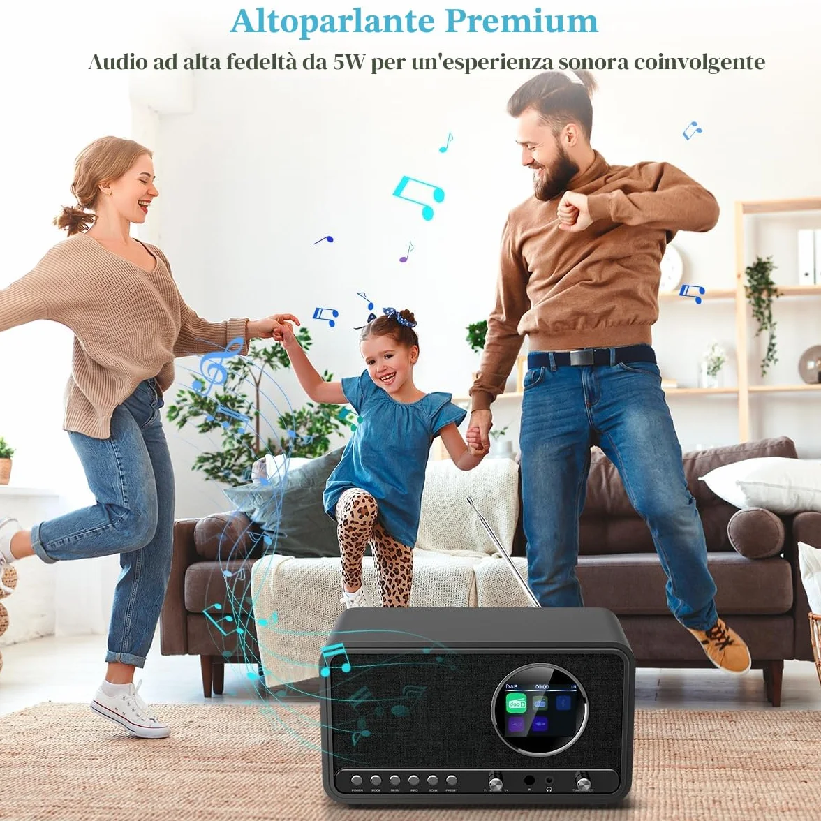 Radio Digitale DAB+/FM Bluetooth con Telecomando e Allarme Doppio, USB/AUX, 30 Stazioni