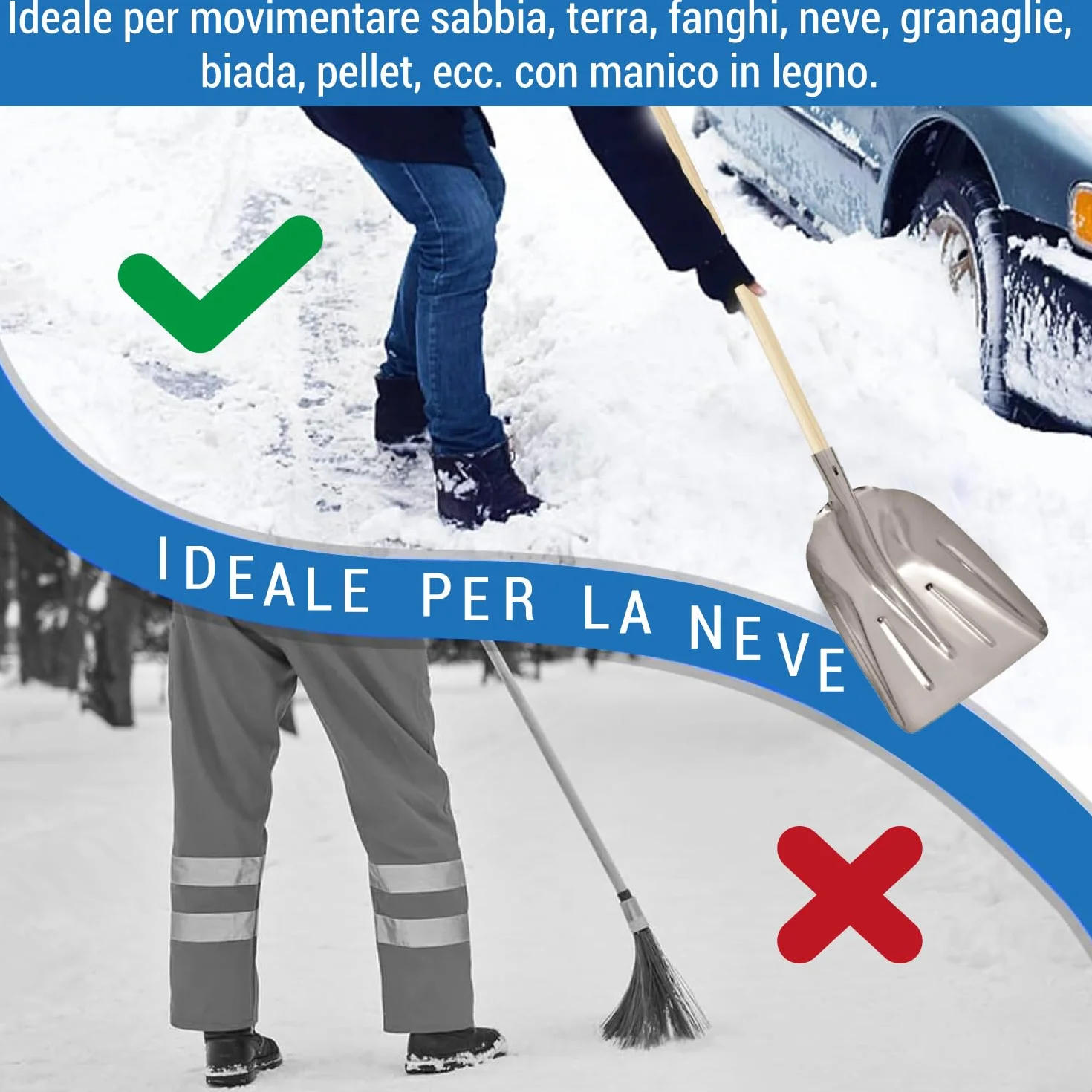 Crisalide® - Badile Super Resistente 36x49 cm con Manico in Legno - Versatile per Uso Agricolo, Giardinaggio e Lavori Pesanti, Multiuso, Pala da Neve (Alluminio)