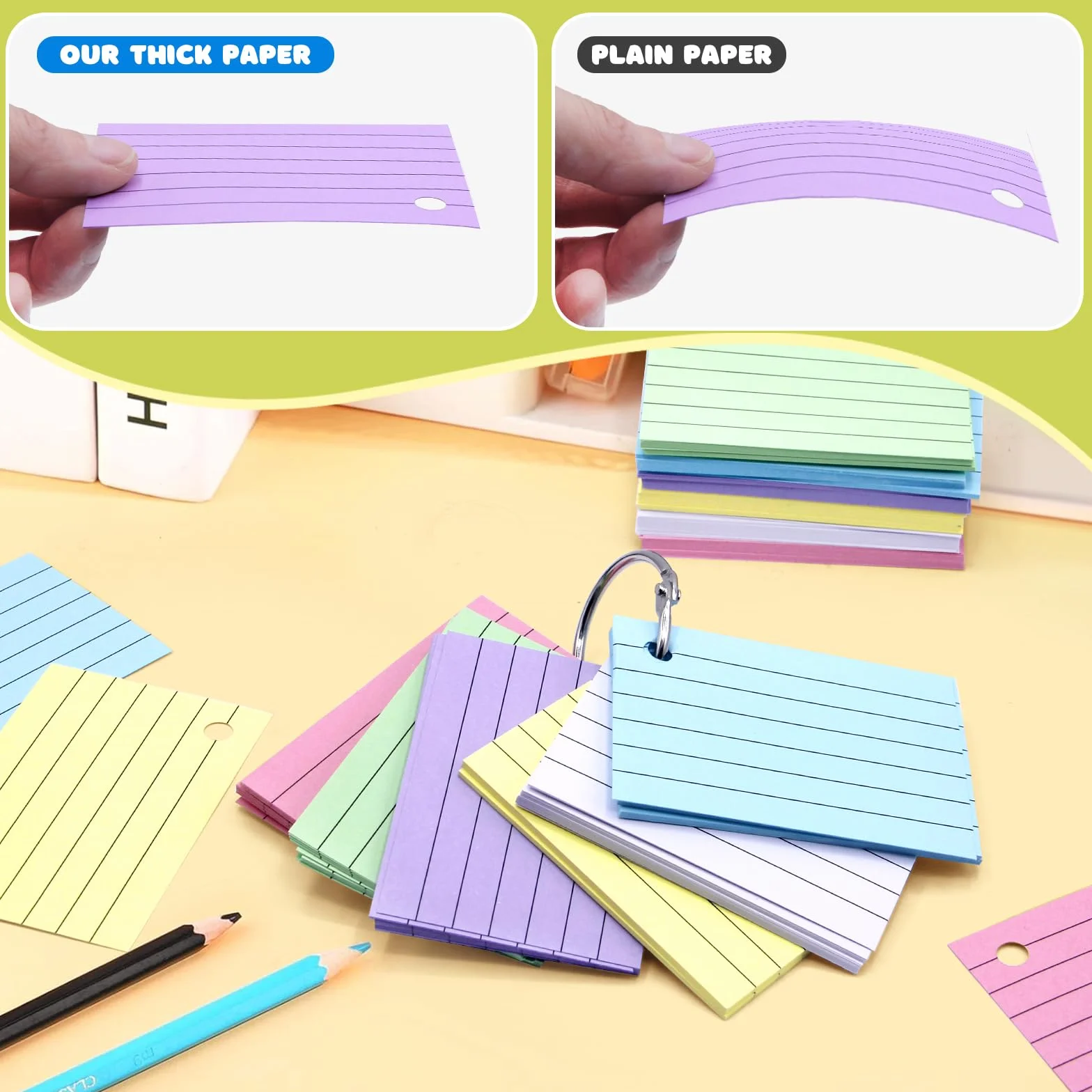 Flashcard A8 a Righe con Anello, 600 pezzi, Colori Intensi per Appunti Ufficio Scuola