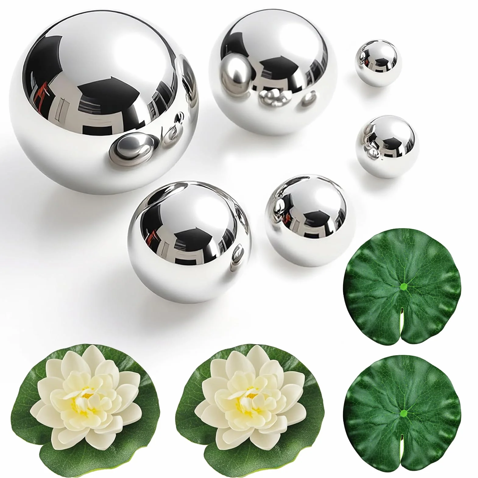 Set di 6 palline decorative, palline galleggianti, palline da giardino, argento, acciaio inossidabile con 4 foglie di loto galleggianti, fiori galleggianti, per laghetti da giardino