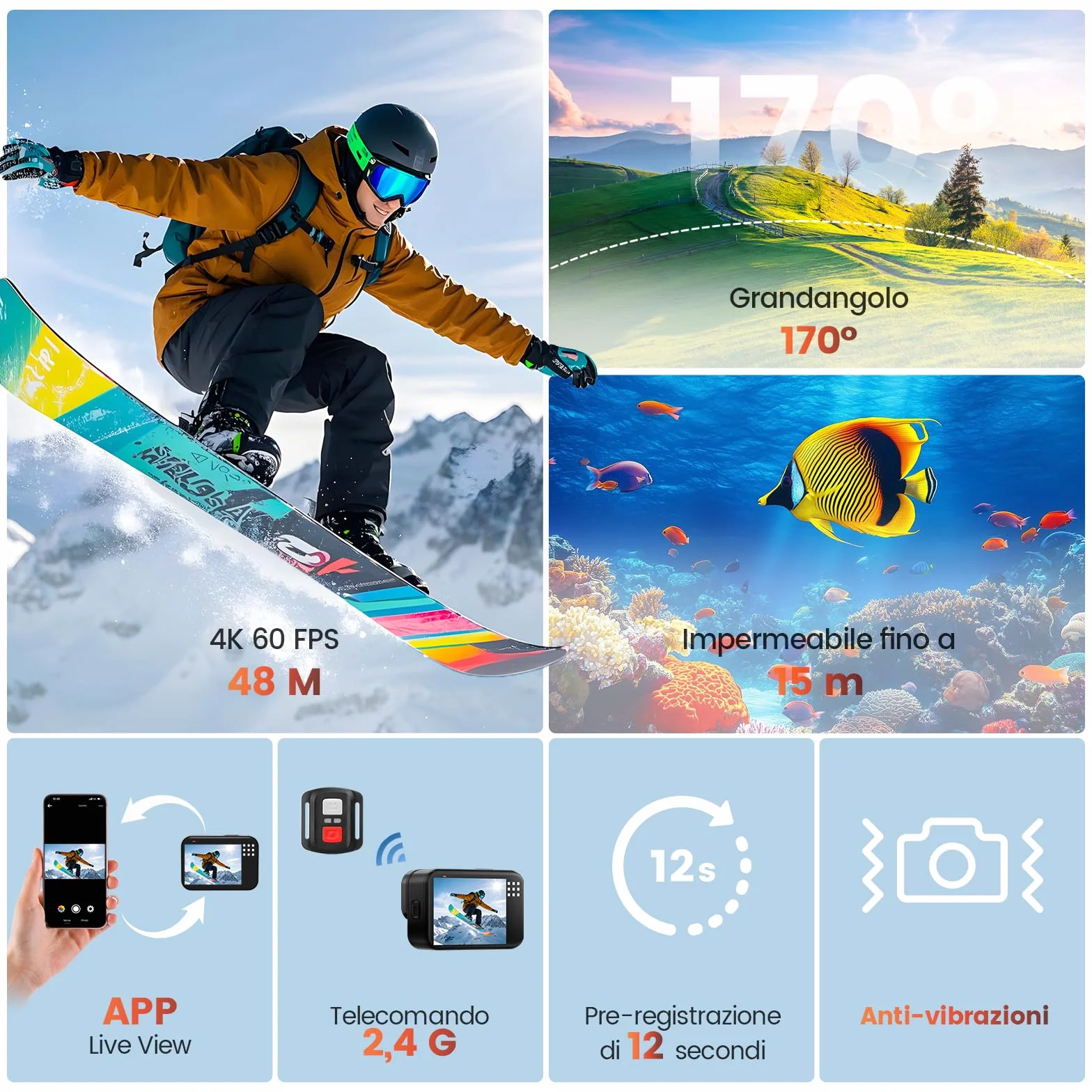 Action Cam 4K 60FPS 48MP 50ft Fotocamera Subacquea con 64GB Scheda WIFI Grandangolo 170° Telecomando 2x1350mAh