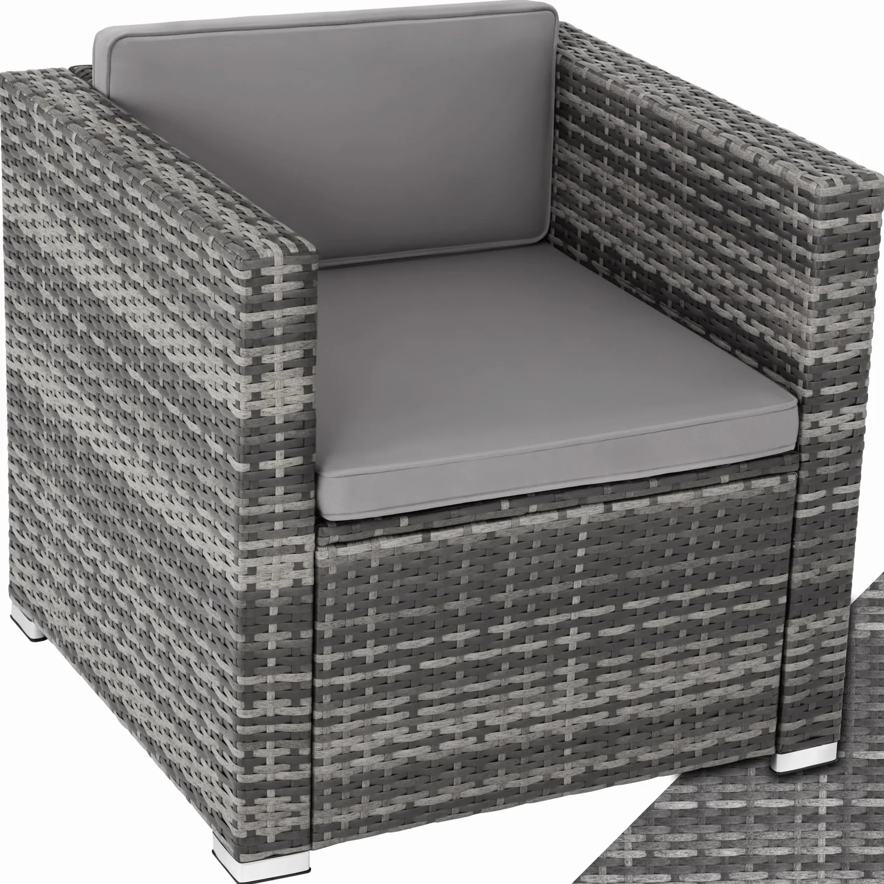 tectake® Poltrona in Rattan con Braccioli, Telaio in Acciaio Verniciato, Resistente ai Raggi UV, con Morbide Imbottiture per Seduta e Schienale - Grigio