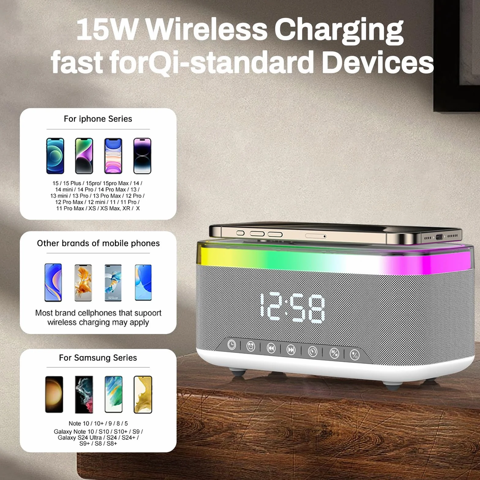Sveglia digitale con stazione di ricarica e altoparlante Bluetooth, luce notturna da 15 W, caricabatterie wireless per iPhone Samsung