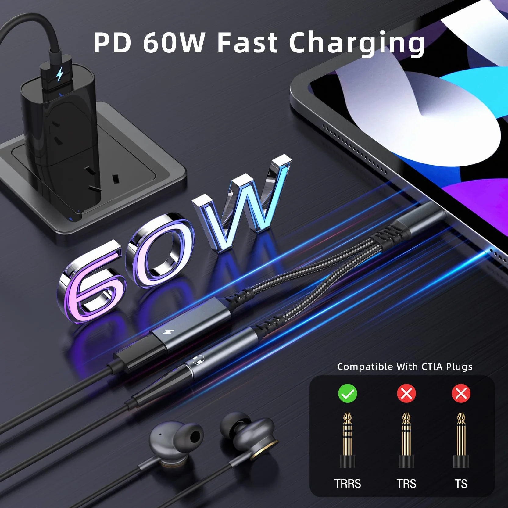 Adattatore USB C a Jack 3.5mm 2 in 1 con Ricarica Rapida PD 60W per iPhone 16/15 Pro Max Samsung S24 Ultra