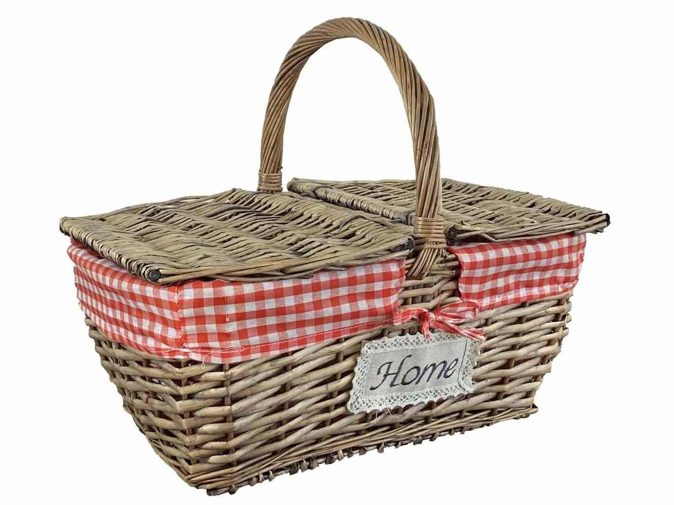 Cestino da pic nic in vimini SOSTY45 con manico fodera in cotone rimovibile picnic quadri bianchi e rossi per feste barbecue cm.42x35 h20