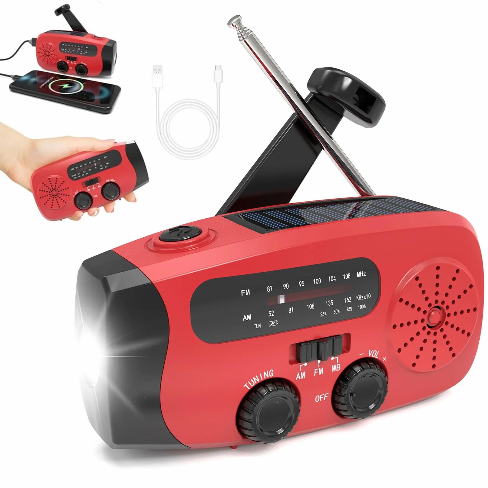 Radio d'emergenza a manovella solare multifunzione con torcia LED power bank SOS, 2000mAh IPX3 per campeggio sopravvivenza