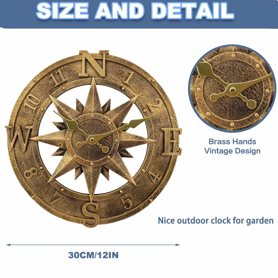 Orologio da parete per esterni, 30 cm, impermeabile, per esterni, cucina, soggiorno, orologio da parete industriale 3D, ticchettio (bronzo), TY1118