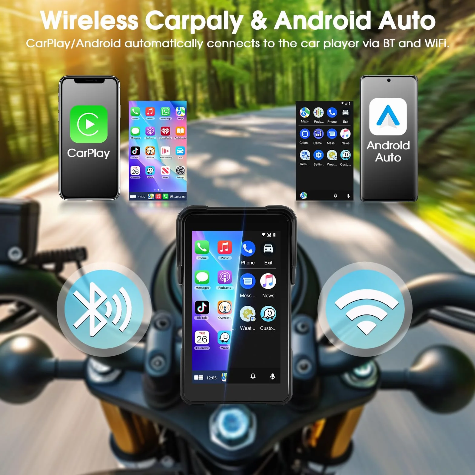 Navigatore per moto con Apple CarPlay e Android Auto Wireless, Autoradio Portatile Touchscreen HD 5 Pollici Bluetooth FM Impermeabile IP68
