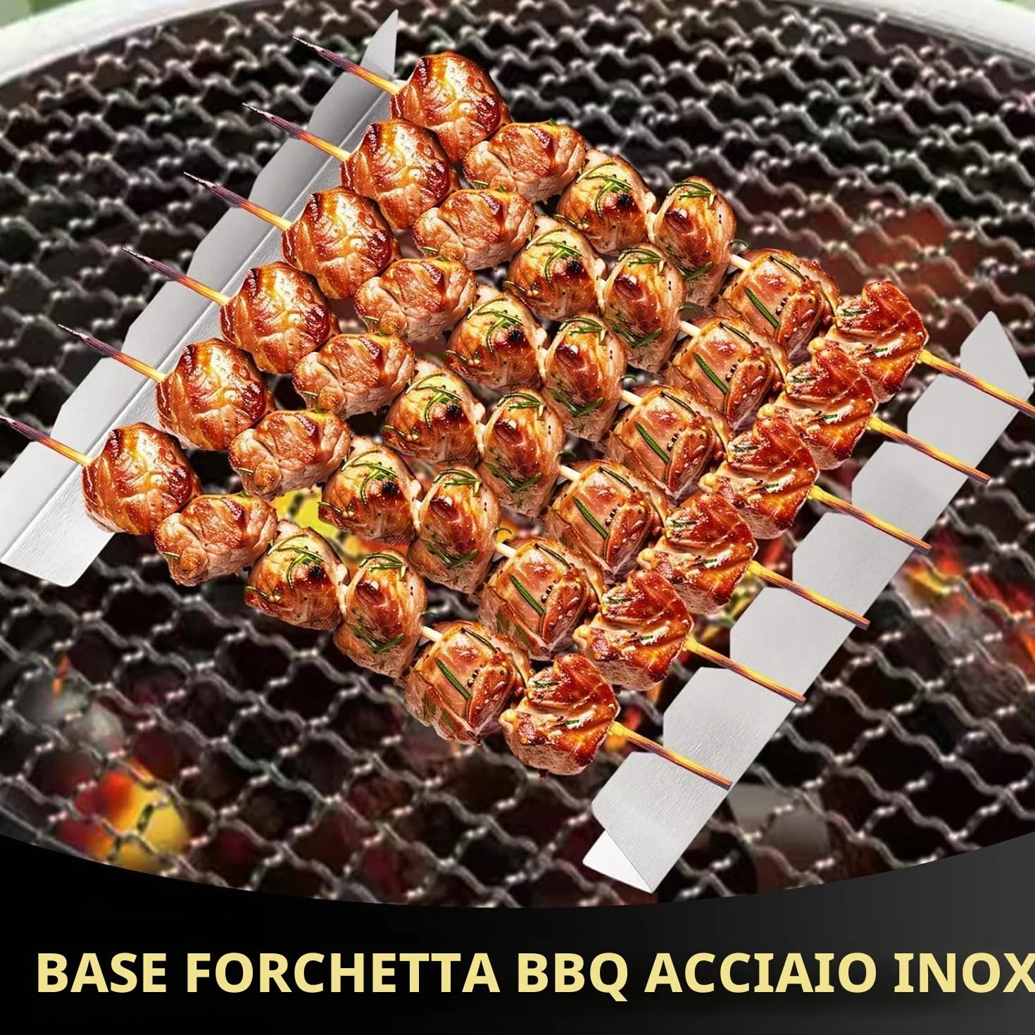Griglia per spiedini per 6 spiedini. Realizzato in Metallo Acciaio Inox. Lunghezza Rack 30 cm, Altezza 4 cm, Larghezza Base 3,5 cm (6 Pezzi