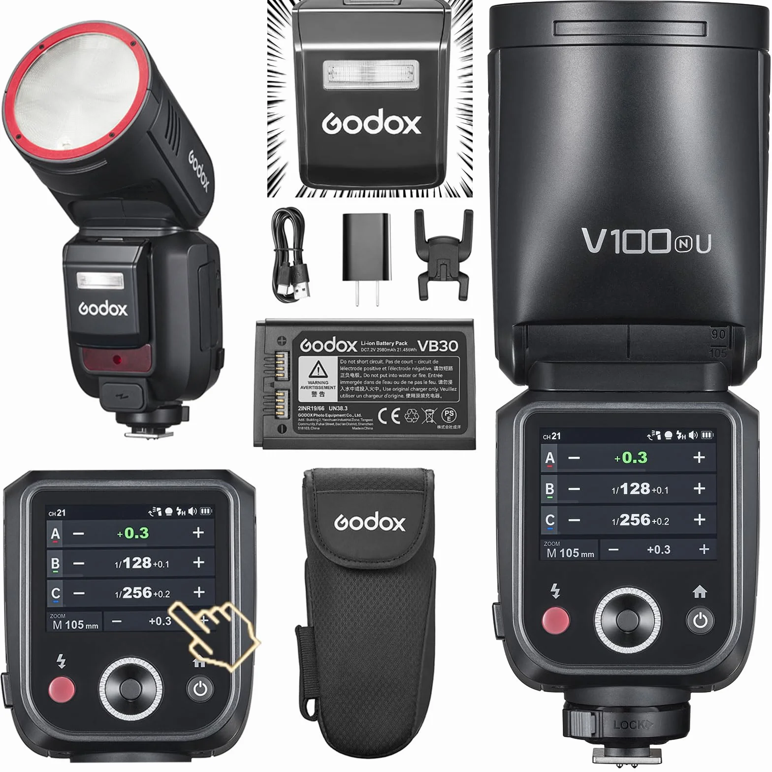 Godox V100N Flash a testa tonda Touch Screen, 100Ws, Global Shutter 1/80000, HSS 1/8000, batteria al litio, lampada LED 10 livelli per Nikon